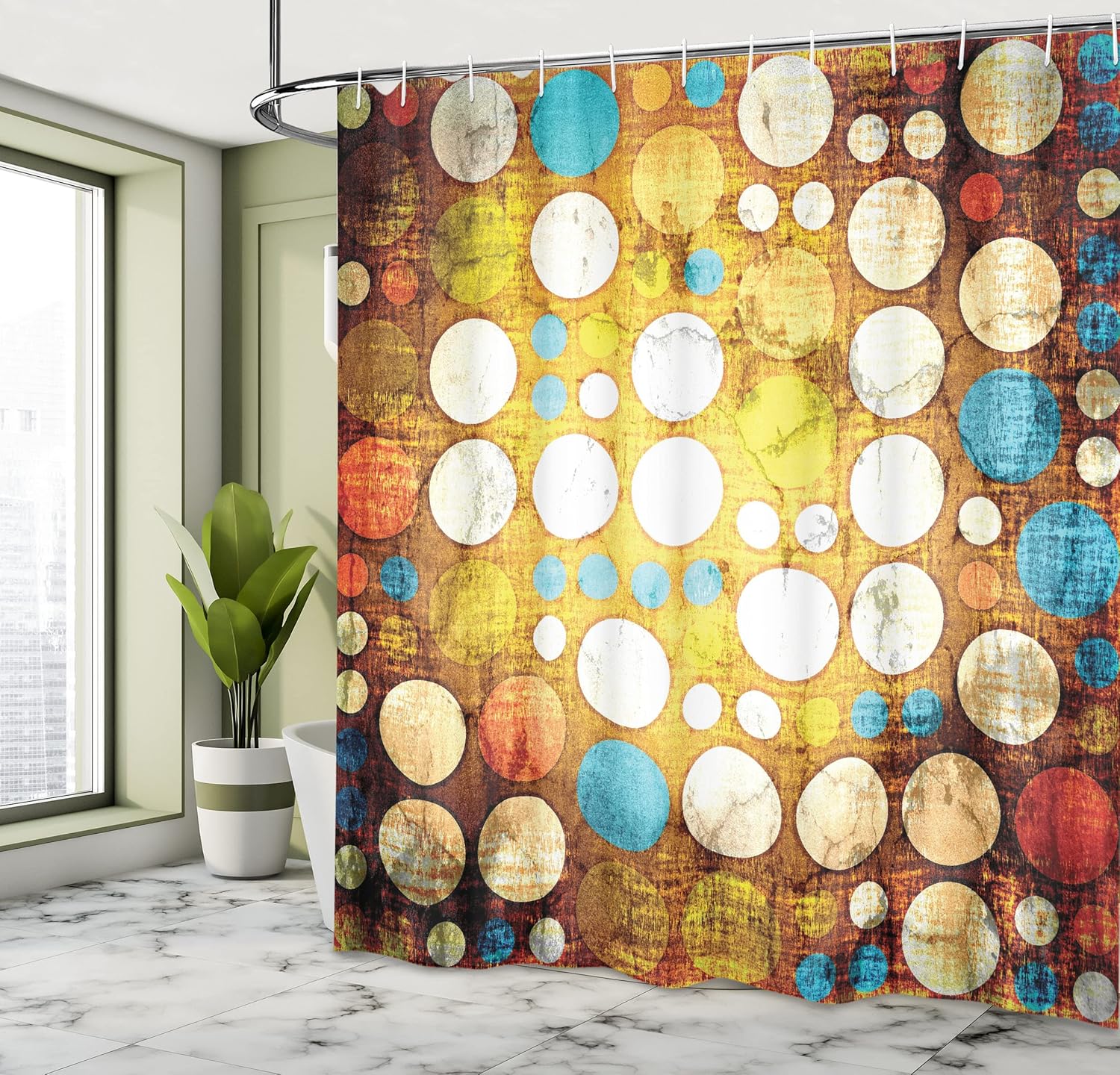 Ambesonne Polka Dots Shower Curtain, Vintage Shapes on Grunge Circular Setting Digital Elements Futuristic Print, Cloth Fabric Bathroom Decor Set with Hooks, 69" W x 70" L, Multicolor