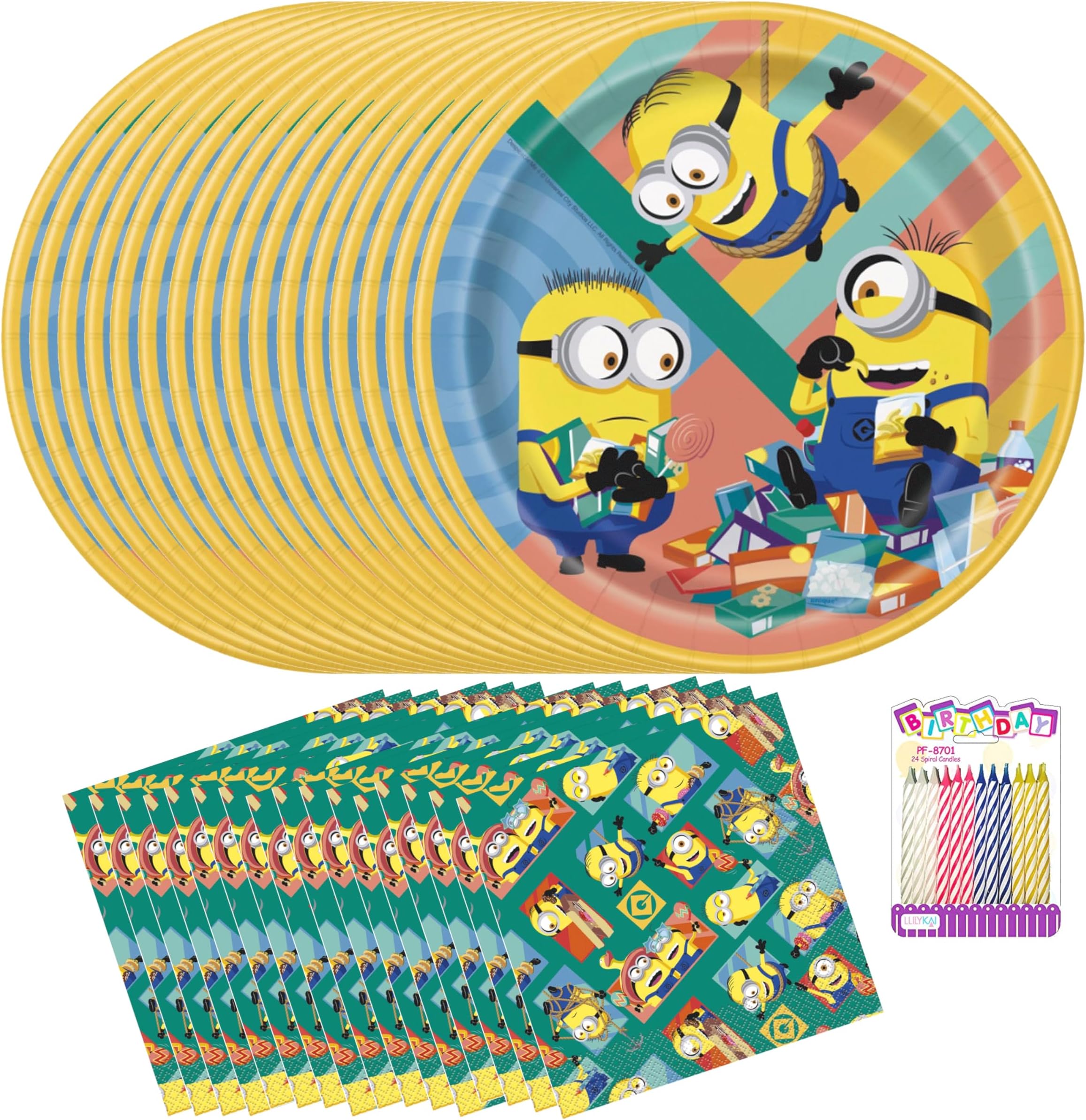 Despicable Me Party Supplies Pack for 16 Guests โ Includes 9" Plates, Luncheon Napkins & Birthday Candles โ Minions Birthday Party Set