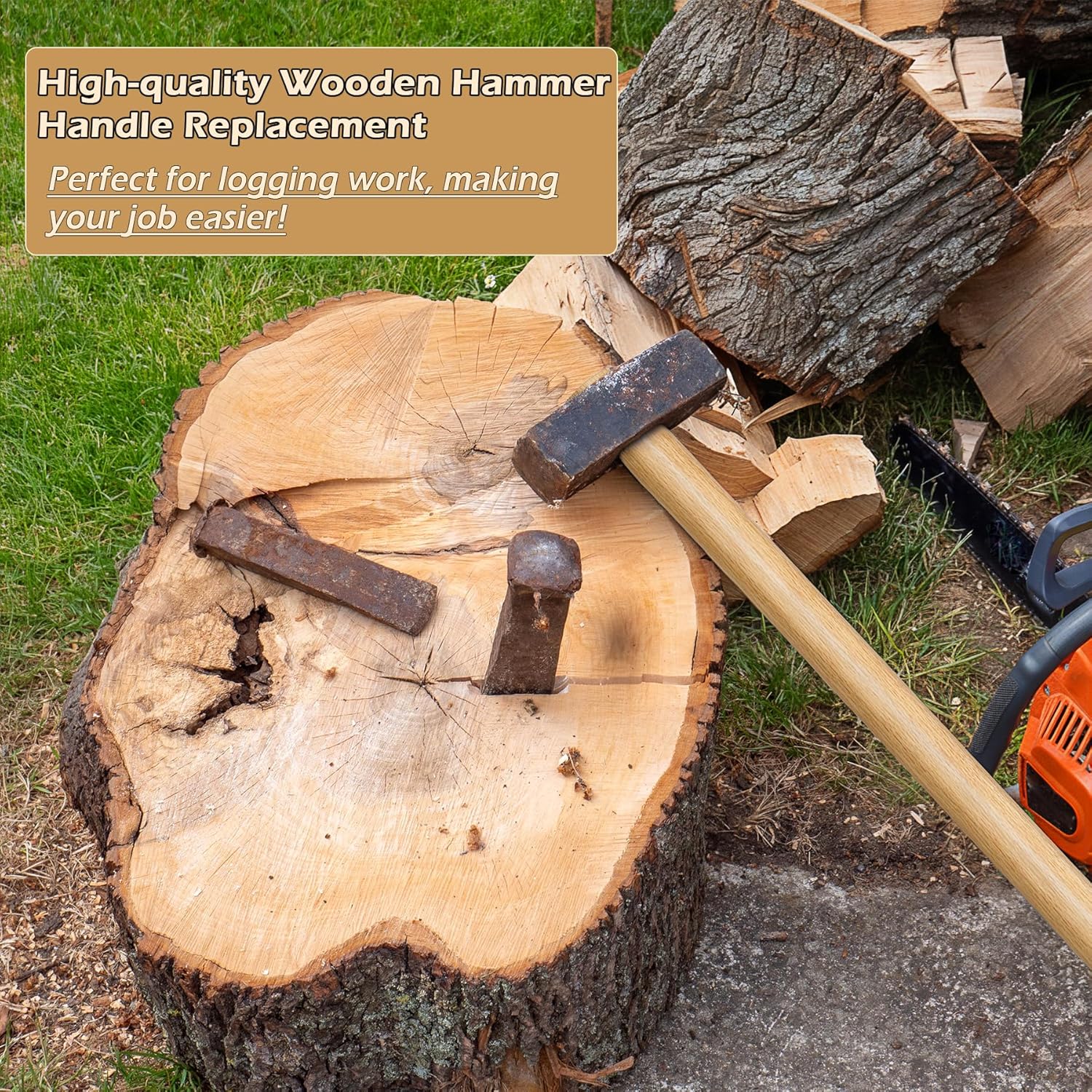 36" Sledge Hammer Handle Replacement, Heavy Duty Wood Hammer Handle with Circular and Triangular Fastening Fittings, 2 Piece Set