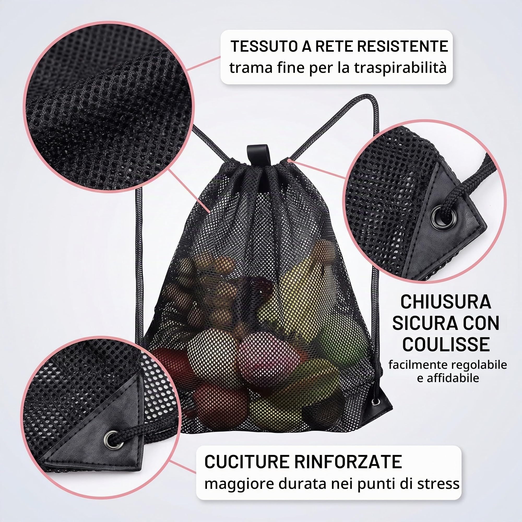 Sacca rete con cordino, zaino arena nuoto, borsa a maglie traspirante e capiente per sport, spiaggia, viaggi, adatto a nuoto, calcio, palestra