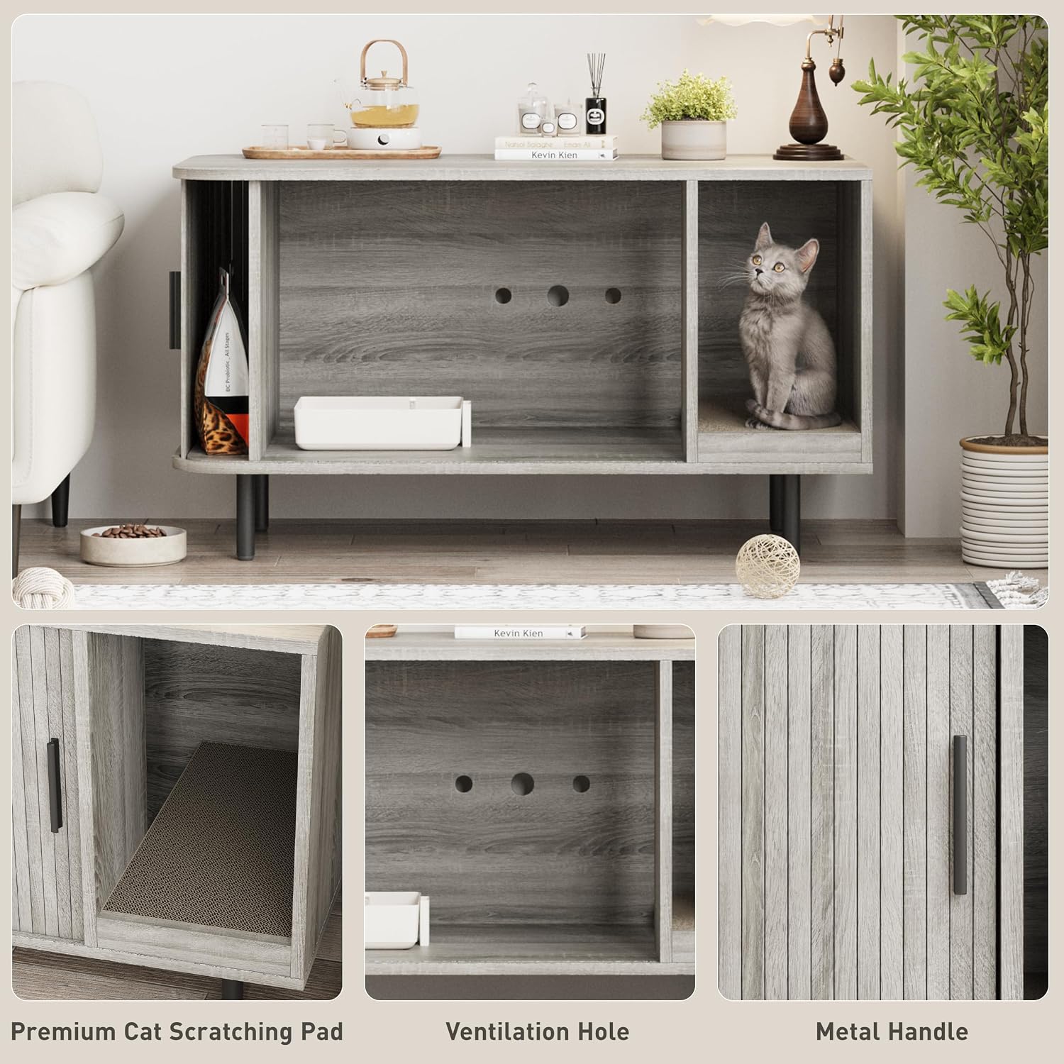 Cat Litter Box Enclosure with Cat Scratch Pad, Sliding Door, 37.4" Litter Box Enclosure Furniture Hidden Litter Box, Modern Indoor Cat House, TV Stand, Side End Table for Living Room, Grey