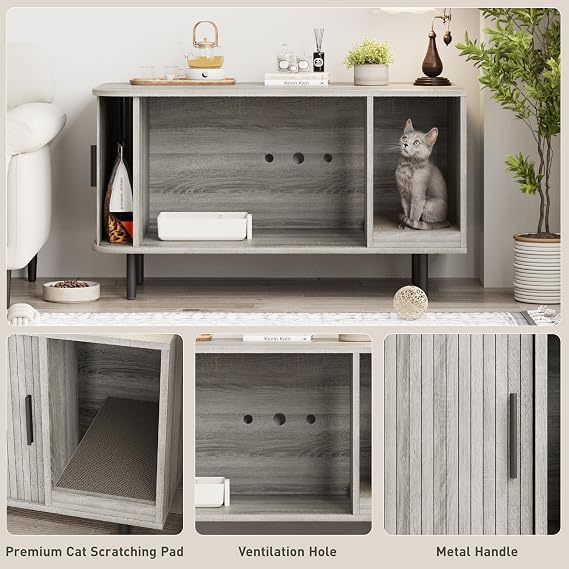 Cat Litter Box Enclosure with Cat Scratch Pad, Sliding Door, 37.4 Litter Box Enclosure Furniture Hidden Litter Box, Modern Indoor Cat House, TV Stand, Side End Table for Living Room, Grey