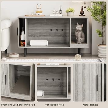 Cat Litter Box Enclosure with Cat Scratch Pad, Sliding Door, 37.4 Litter Box Enclosure Furniture Hidden Litter Box, Modern Indoor Cat House, TV Stand, Side End Table for Living Room, Grey