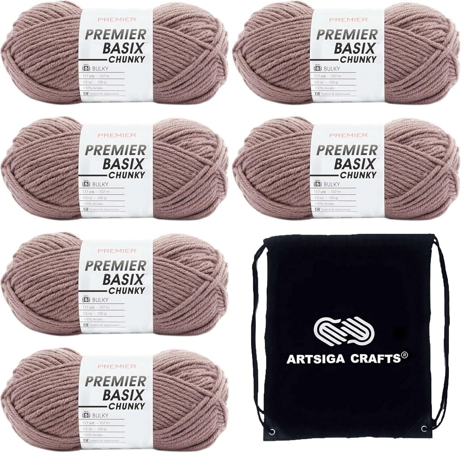 Premier Yarns Basix Chunky Mauve 1145-18 (6-Skeins - Same Dye Lot) Chunky Bulky #5 Acrylic Yarn for Crocheting and Knitting with Project Bag