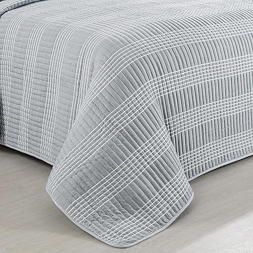 Vista 7 de HOMBYS Juego de edredón King extragrande de seersucker con diseño de retazos de 128x120, juego de colcha y cubrecama ligera a cuadros, decoración