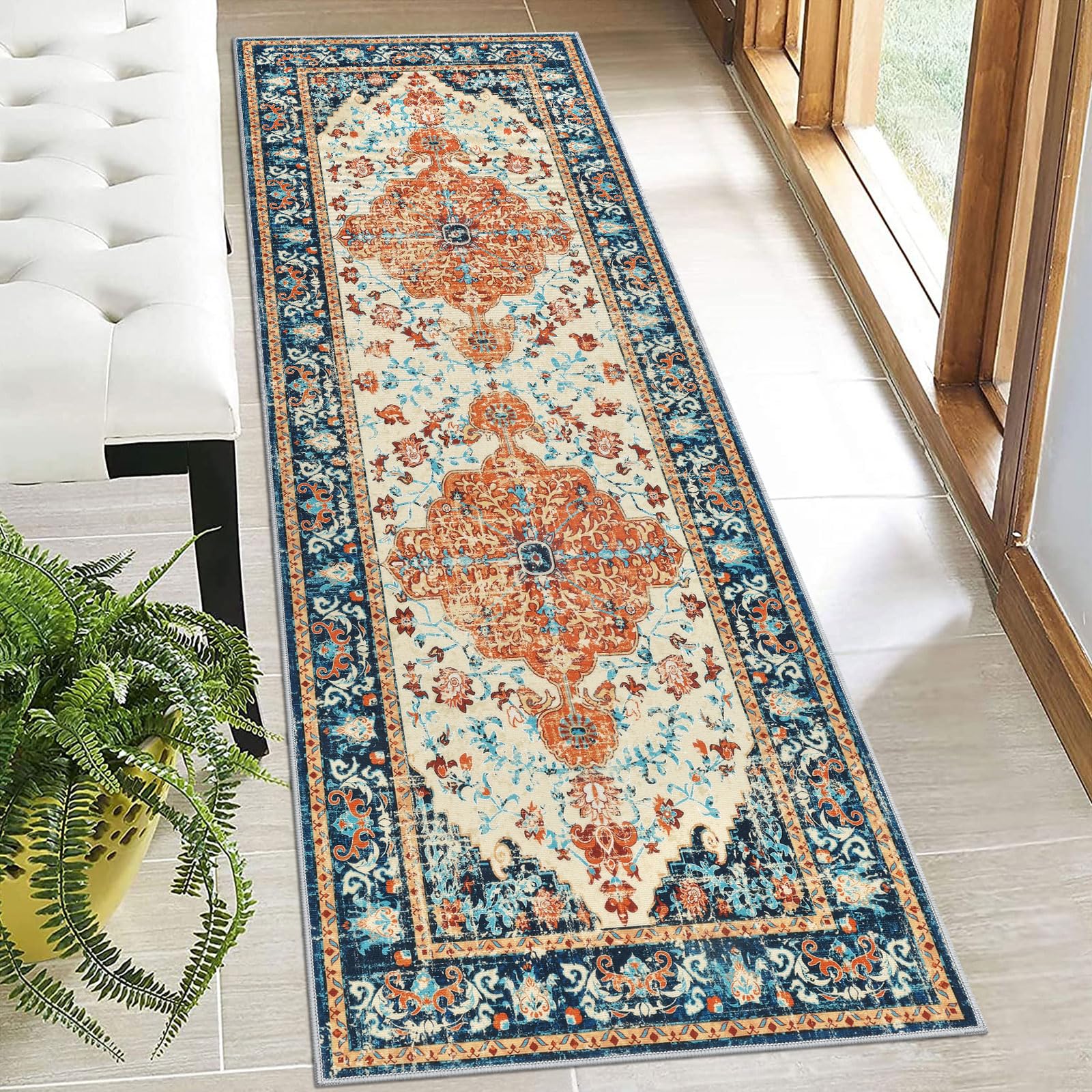 U'Artlines 2' x 6' Boho Hallway Runner Rug, Non Slip Washable Vintage Farmhouse Accent Area Rug Carpet for Kitchen Entryway Laundry and Living Room (