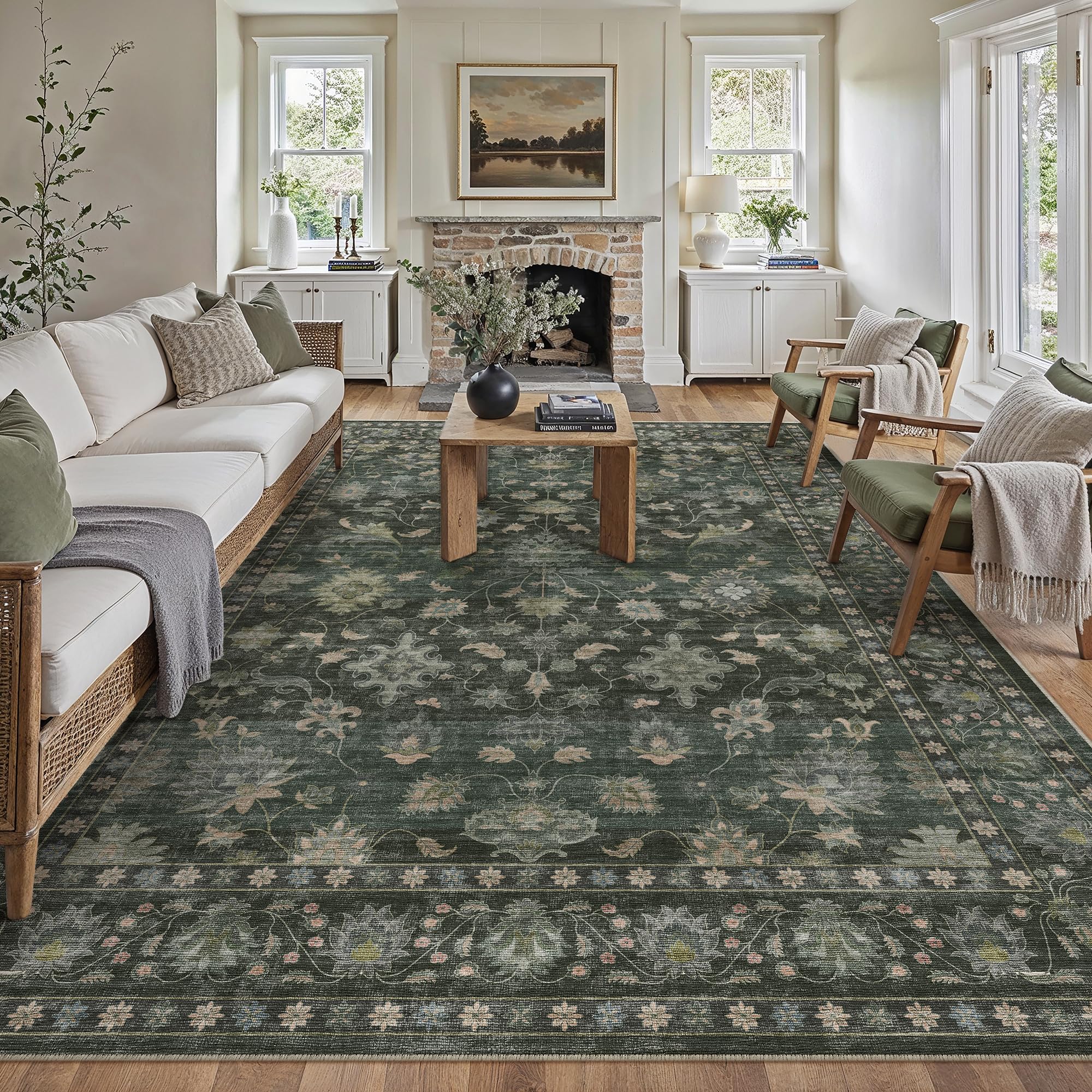 PureCozy Grün Teppich Wohnzimmer 300x400cm Waschbarer Blumenmuster kurzflor rutschfest Weich Bumen Boho Vintage Teppiche Groß XXL für Schlafzimmer Küchen Esszimmer Bedroom Living Room