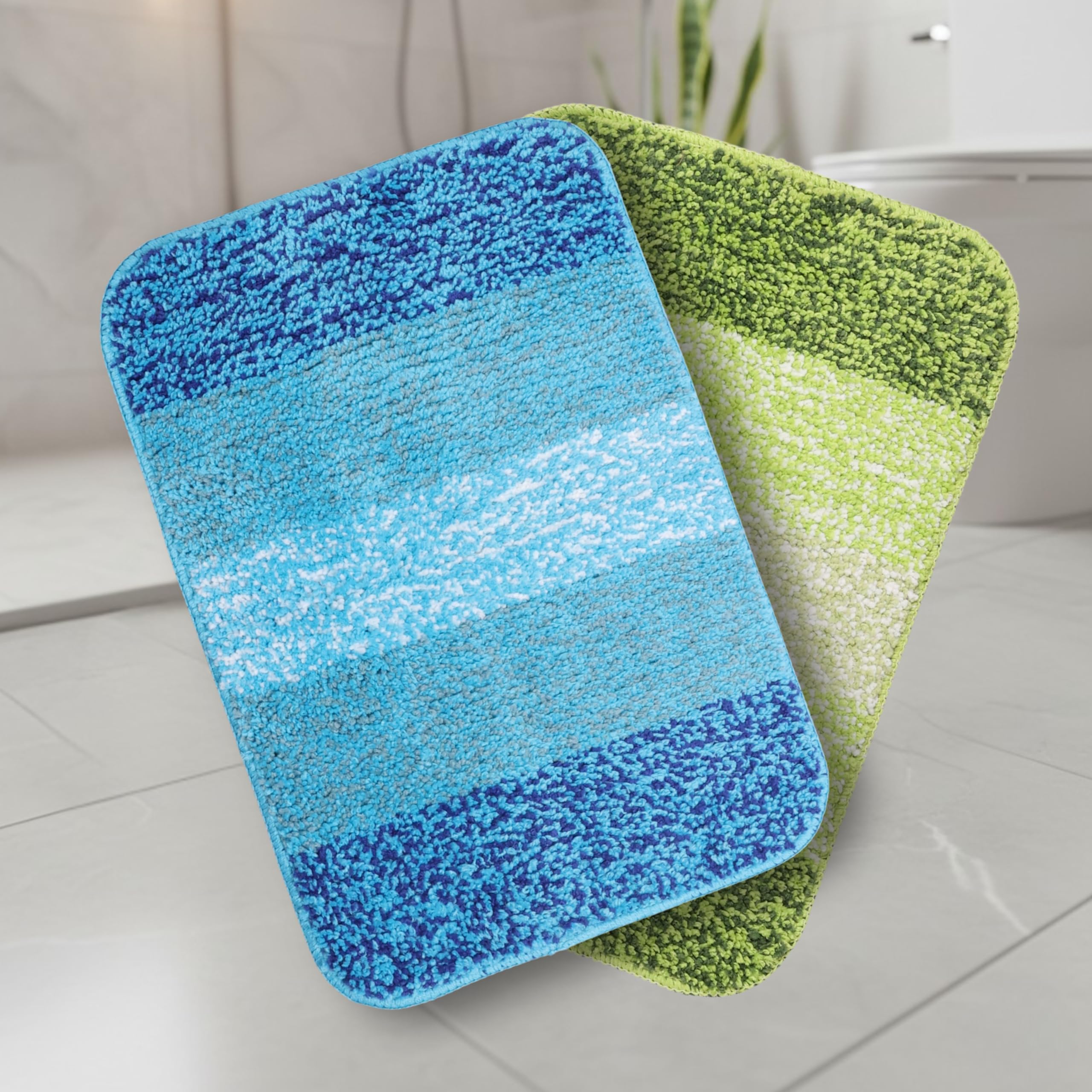 SARAL HOME EASY LIVING Microfiber Striped Anti-Skid Bath Rectangular Mats, 35x50 CM|Set of 2(Turquoise & Green)