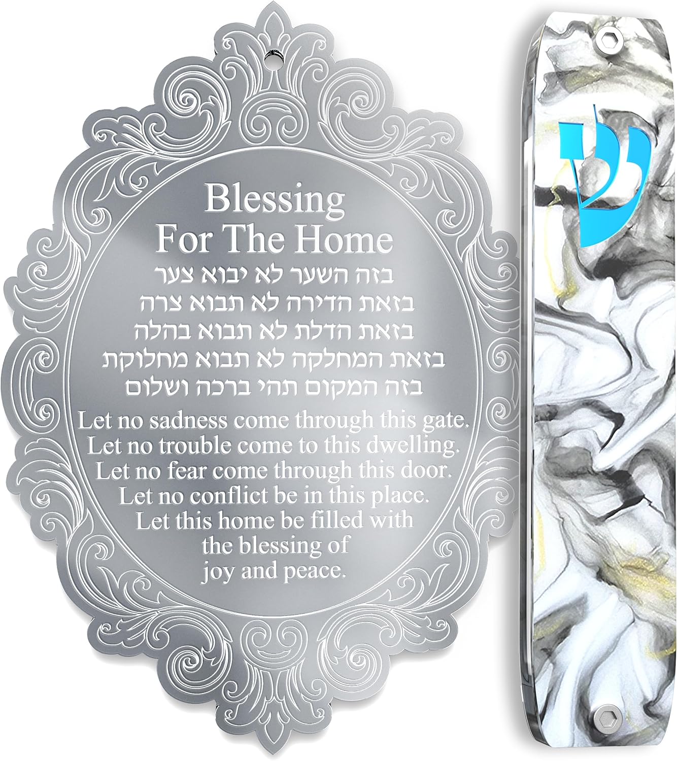 TYLDUM Jewish Silver Home Blessing Gifts Hebrew and English Engraving and Handmade Modern Mezuzah for Door Without Kosher Classic Style White Marble