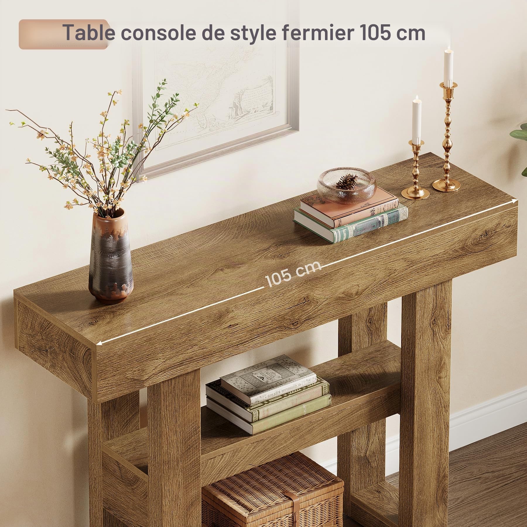 Tribesigns Table console de ferme de 104 cm, table de canapé étroite à 2 niveaux derrière le canapé, meuble d'entrée avec étagères de rangement pour couloir, foyer, salon, marron clair