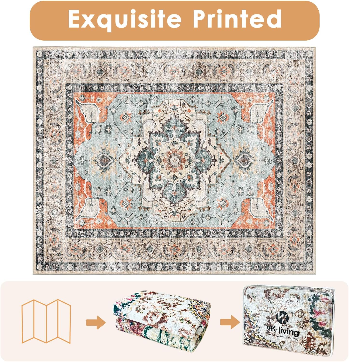 vk vk·living machine washable rug 6'x9' vintage design washable area rugs with non slip rugs for living room bedroom traditional woven carpet stain resistant, dining office boho rug (autumn brick) 6' x 9' (rectangular) rust sky