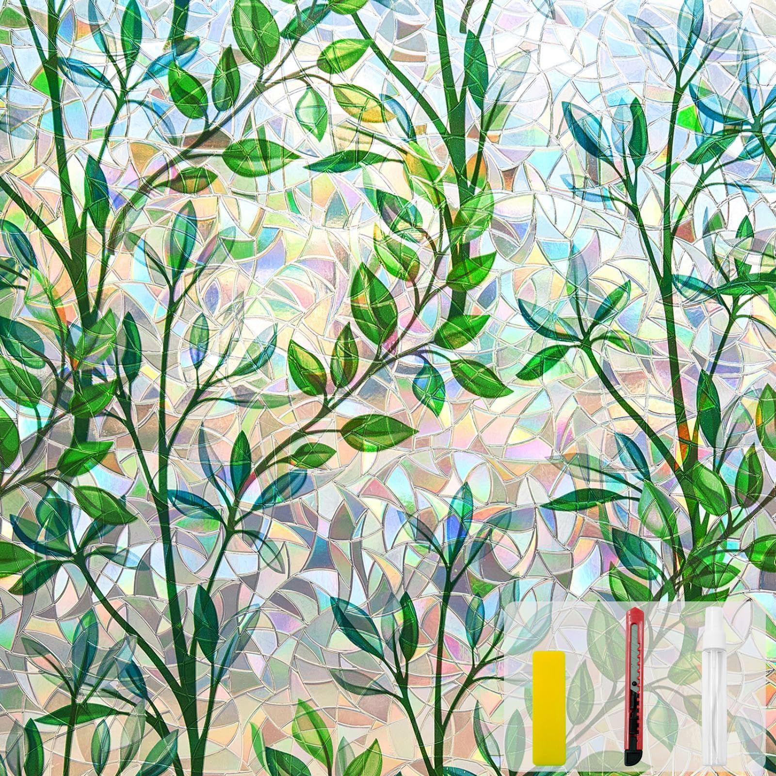 Window Privacy Film Stain Glass Window Film Rainbow Window Film Window clings Non-Adhesive Reusable Decorative for Room (Leaf Rainbow, 17.5 X 78.7 in)