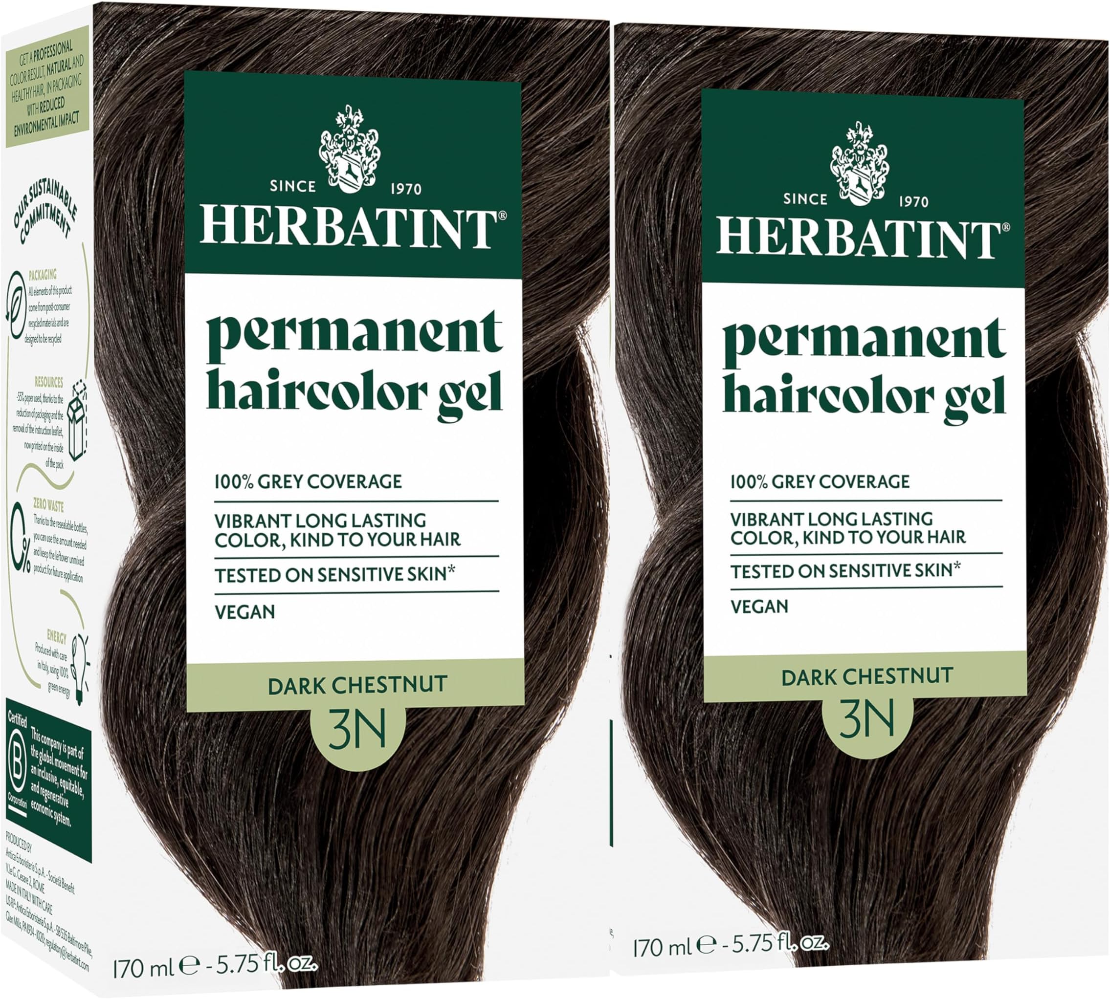 Herbatint Permanent Haircolor Gel, 3N Dark Chestnut, Alcohol Free, Vegan, 100% Grey Coverage - 4.56 oz (2 Pack)