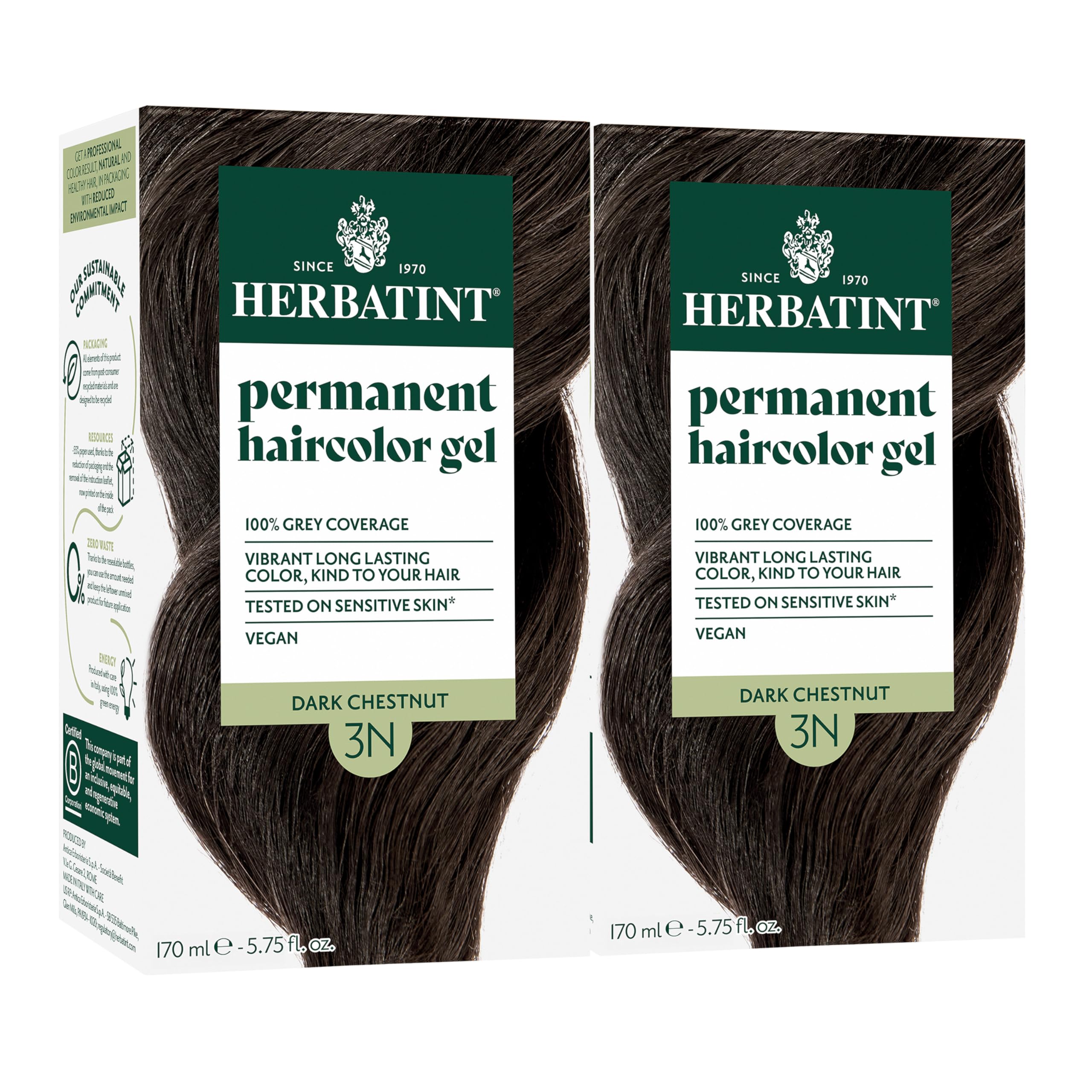 Permanent Haircolor Gel, 3N Dark Chestnut, Alcohol Free, Vegan, 100% Grey Coverage - 4.56 oz (2 Pack)