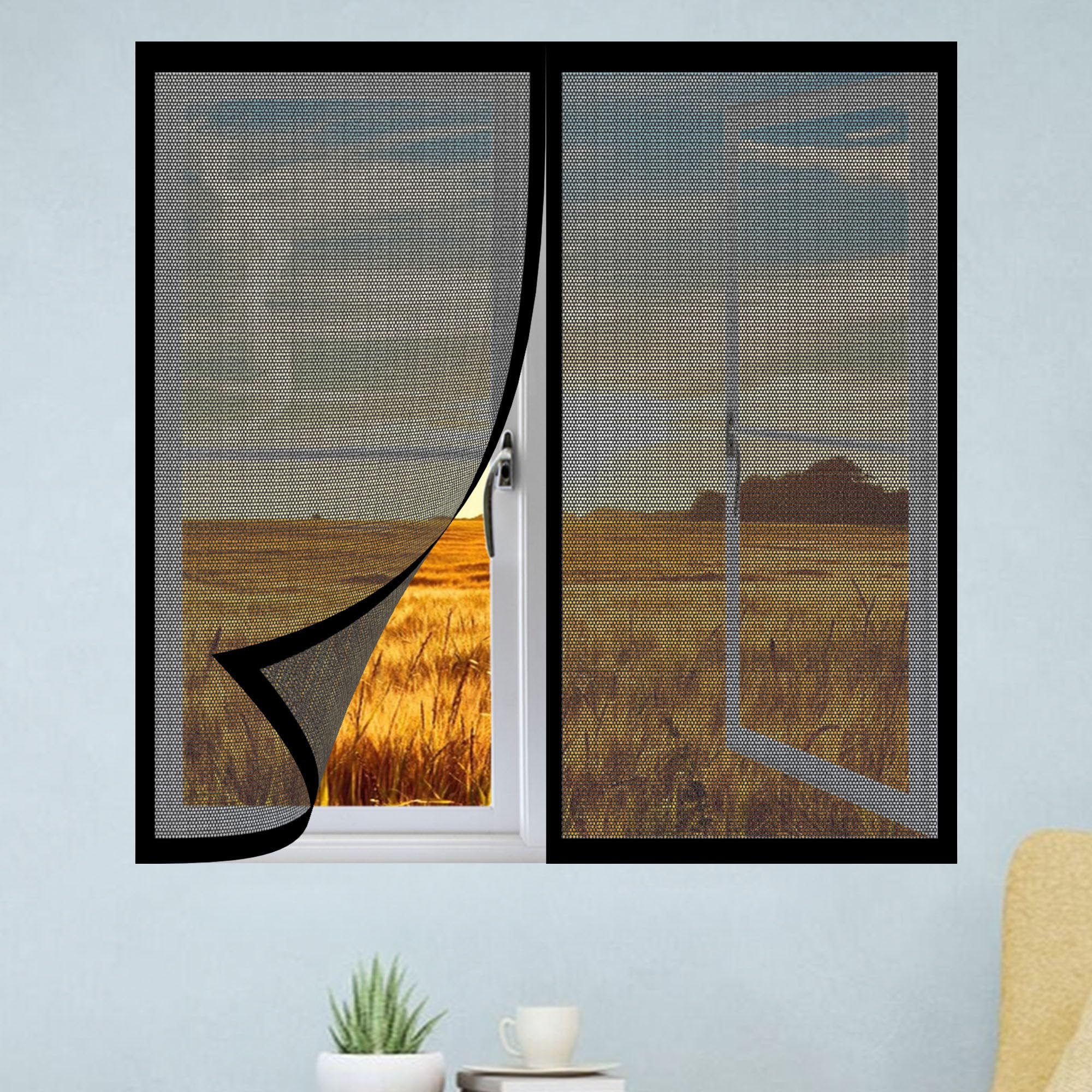 Magnetic Window Screen 70 x 65 cm Keep Fly Mosquito Out Adjustable DIY Window Fly Screen Excellent Ventilation While Blocking Bugs for Living Room Bedroom Offfice, Black