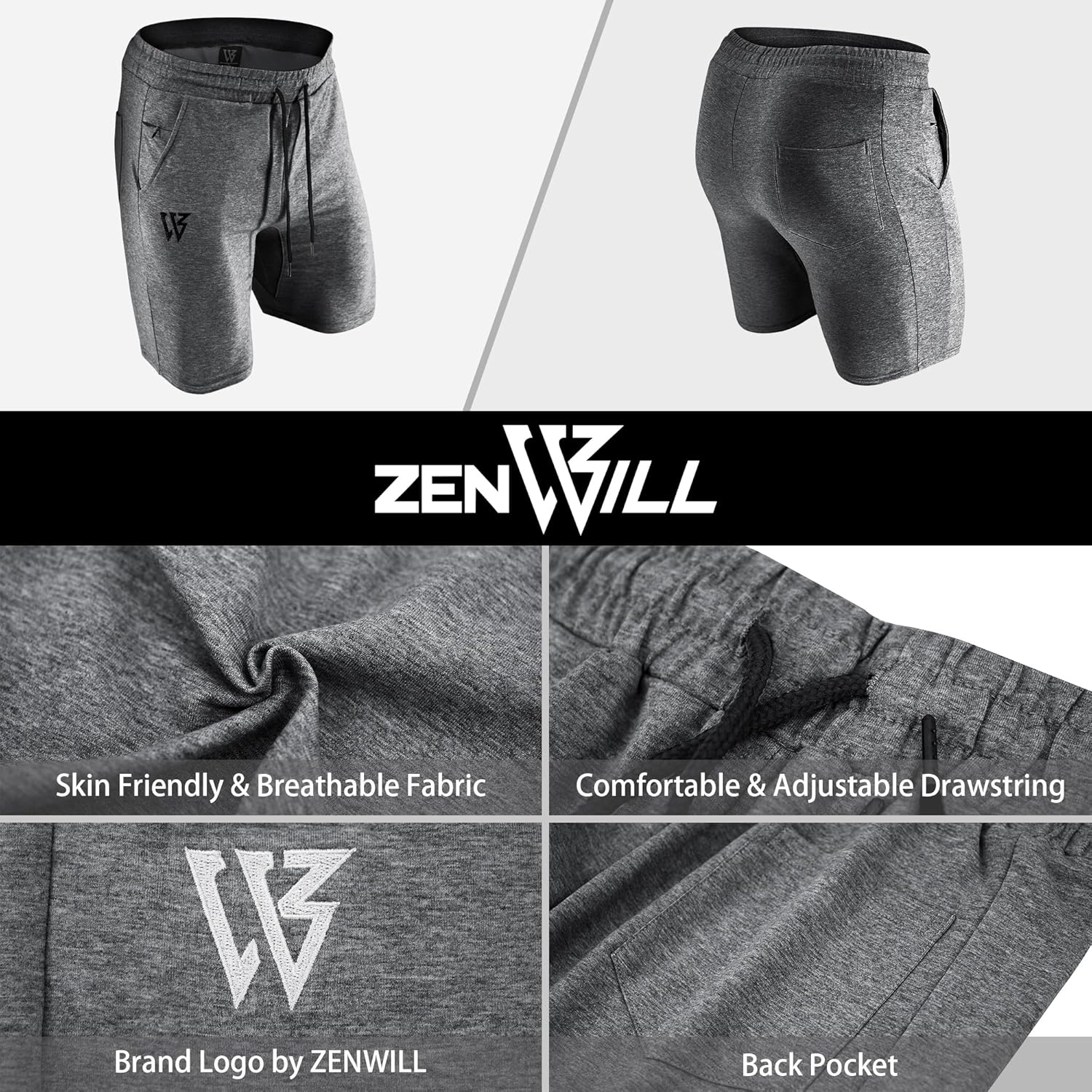 ZENWILL Mens 2 Pack Zip Gym Athletic Shorts, 7" Workout Running Fitness Cotton Training Shorts for Men with Zip Pockets