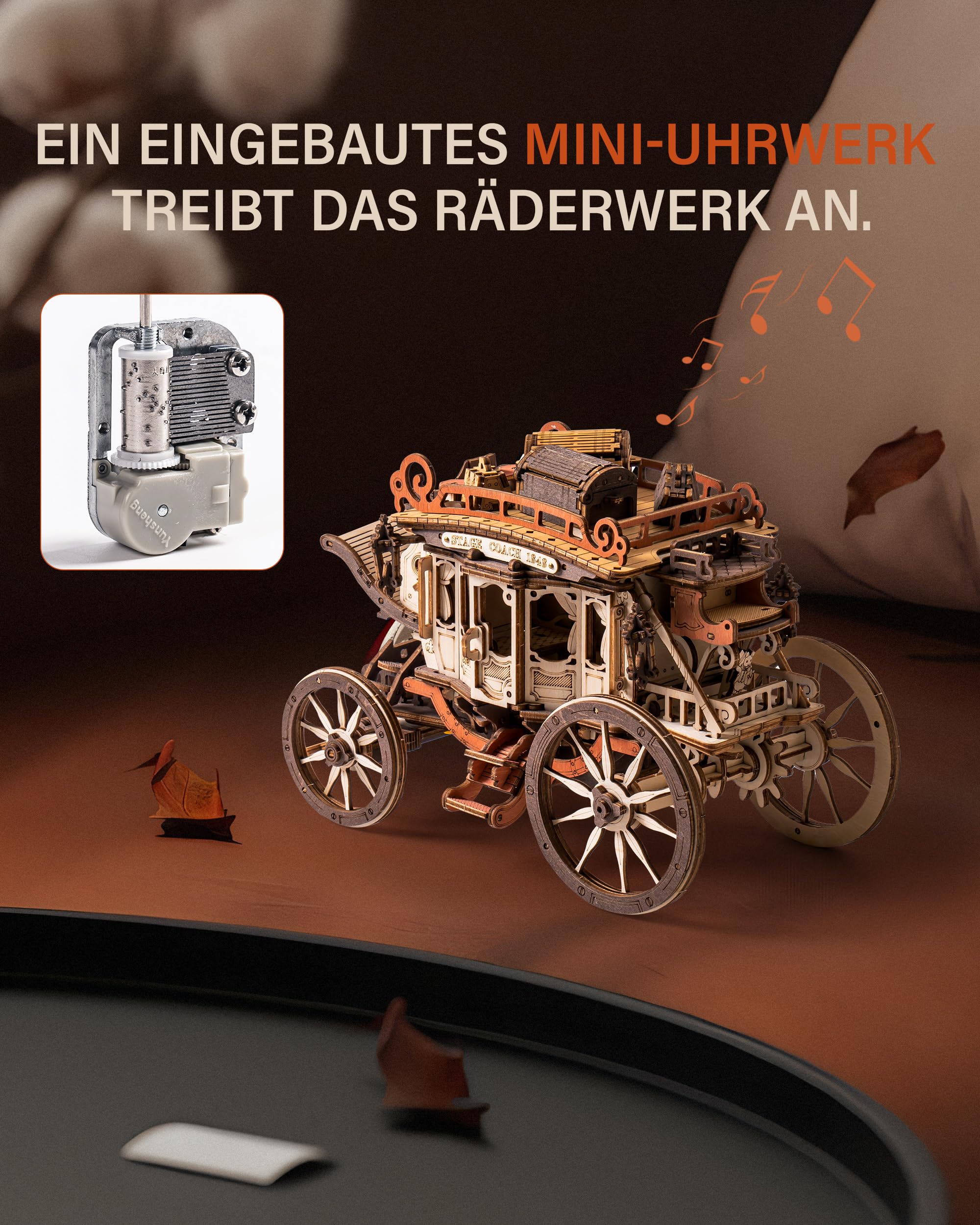 ROBOTIME 3D Holzpuzzle Spieldose, Holz Puzzle Modellbausatz Erwachsene, Modellbau Dekor, Geschenke für Teenager, Lasergeschnittene Stichsäge, Mechanisch - Postkutsche
