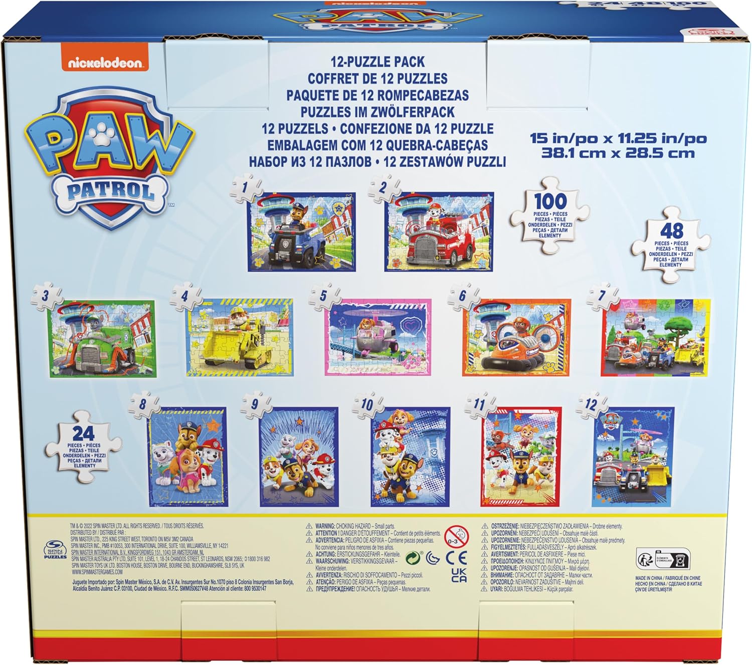 Back of the PAW Patrol 12-Pack puzzle box, showing small images of each of the 12 puzzles with their corresponding piece counts.