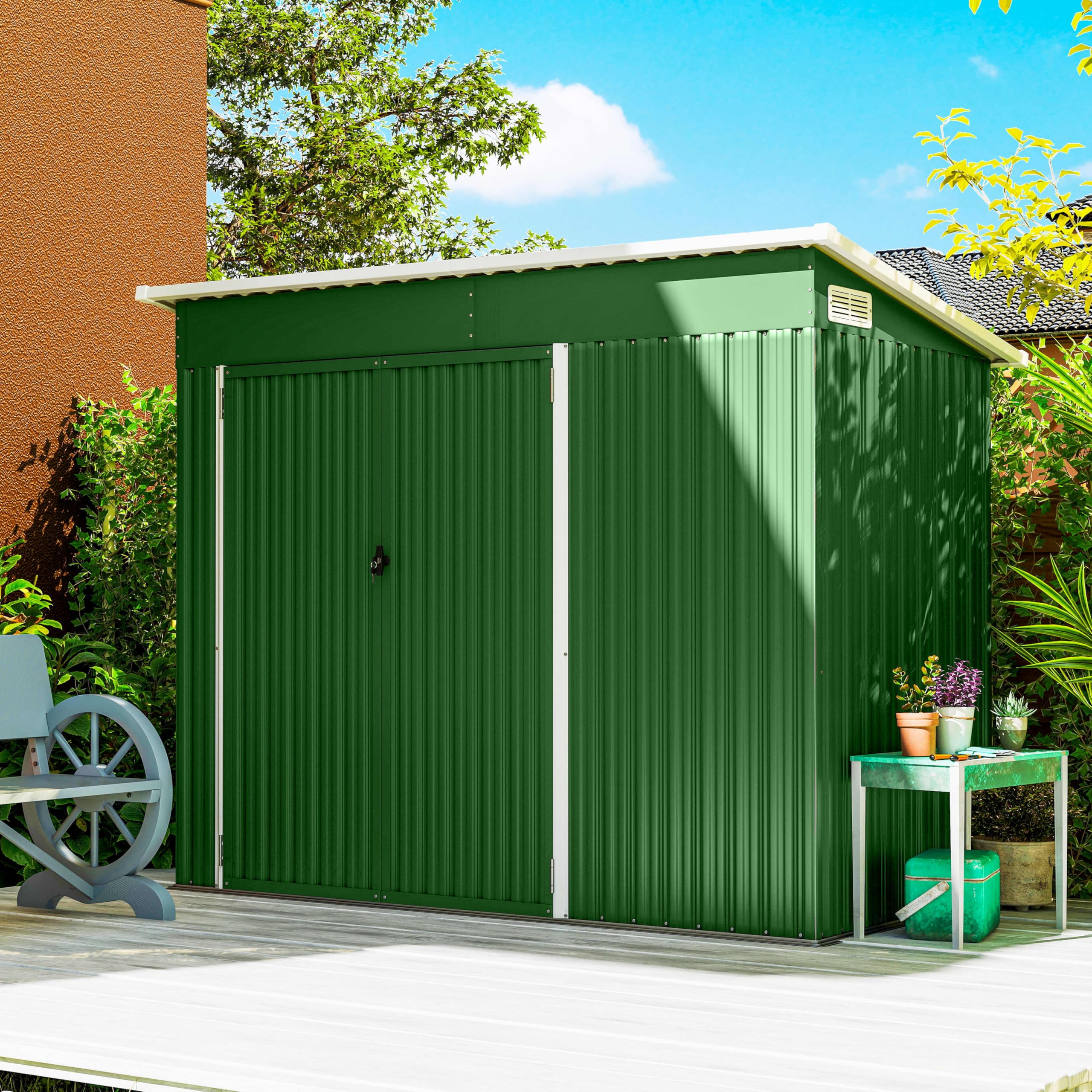 Outsunny Caseta de Jardín Exterior 2,7 m², 234x132x185 cm, Cobertizo de Jardín Exterior Metálico con Triple Puerta, Cerradura, Techo Inclinado y Ventilación para Almacenamiento de Herramientas, Verde