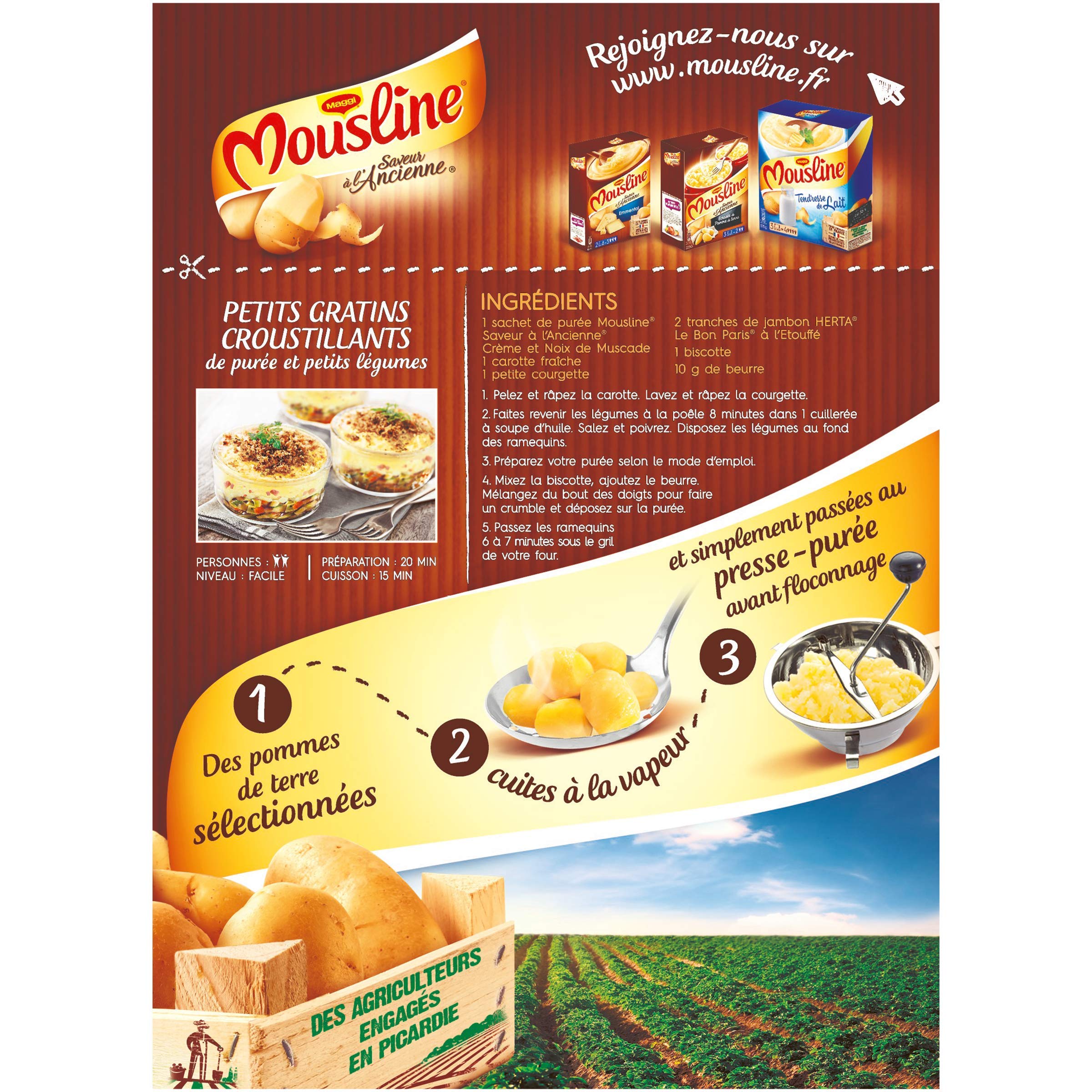 Maggi Mousline Purée Saveur à l'Ancienne Crème Muscade 3 Sachets de 65 g pour 2 personnes