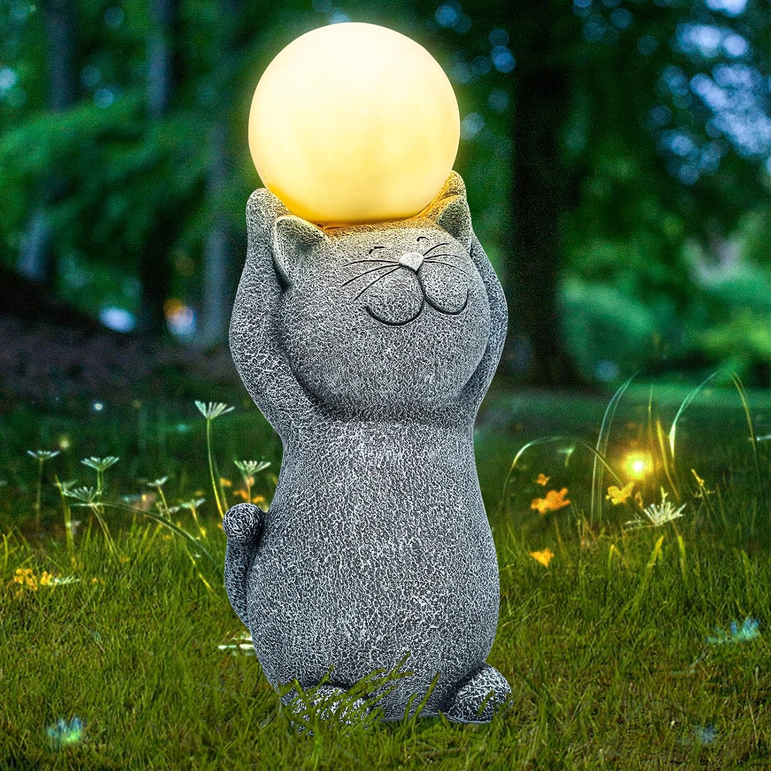 Solar Garden Decor Cat Moon Outdoor Statue and Figurine Lights, Outdoor Patio Sculpture Decor LED Light Gifts for Mom or Daughter, Garden Statues Birthday Gifts for Women Home and Yard with Solar Lamp