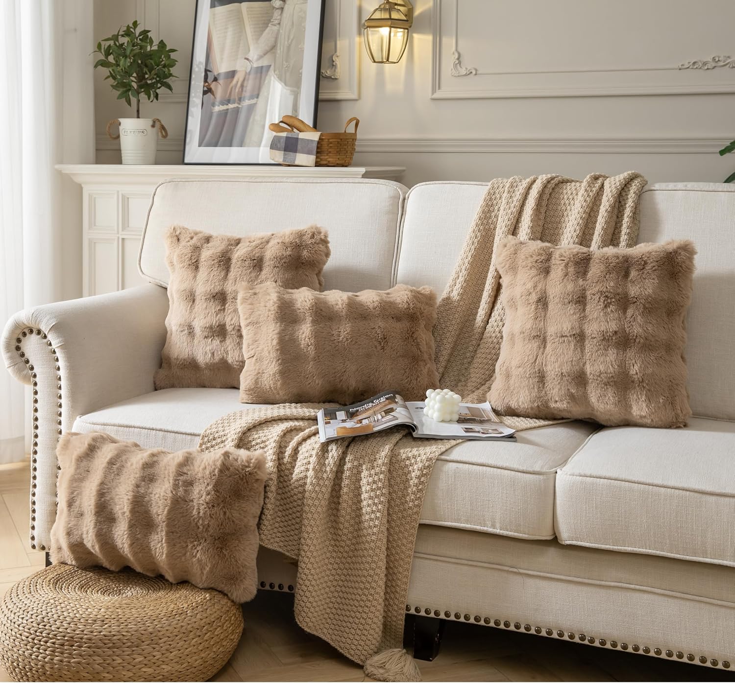 Pack of 2 Thick Plush Throw Pillow Covers Fluffy Wave Faux Fur Decorative Cushion Covers Soft Wool Pillowcase for Sofa Couch Livingroom 16x16 Inch Camel - Image 3