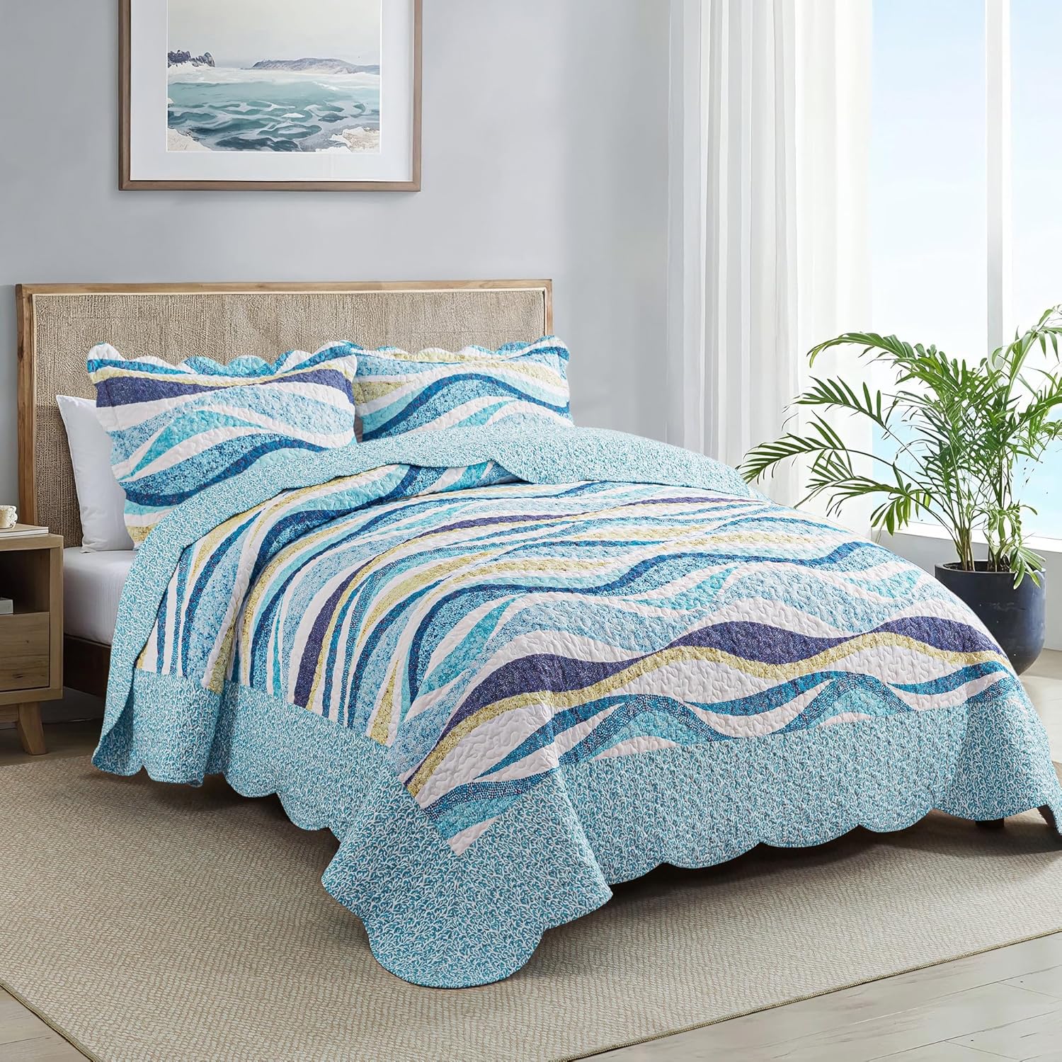 HoneiLife California King Quilt 120x120 - Beach Quilt 3 Pieces, Coastal Quilt Sets, Oversized King Bedspreads, Nautical Bedspreads Ocean Coverlets, Lightweight Bed Cover, Summer Quilts - Image 2