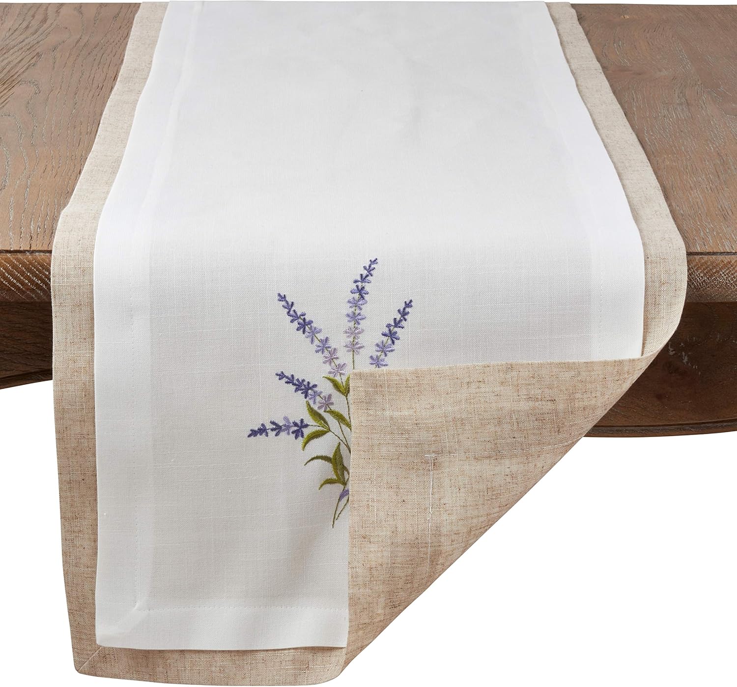 Fennco Styles Lavandula Collection Country Double Layer Lavender Design Linen Blend 16 x 72 Inch Table Runner – Ivory Table Runner for Banquets, Wedding, Special Events and Home Décor