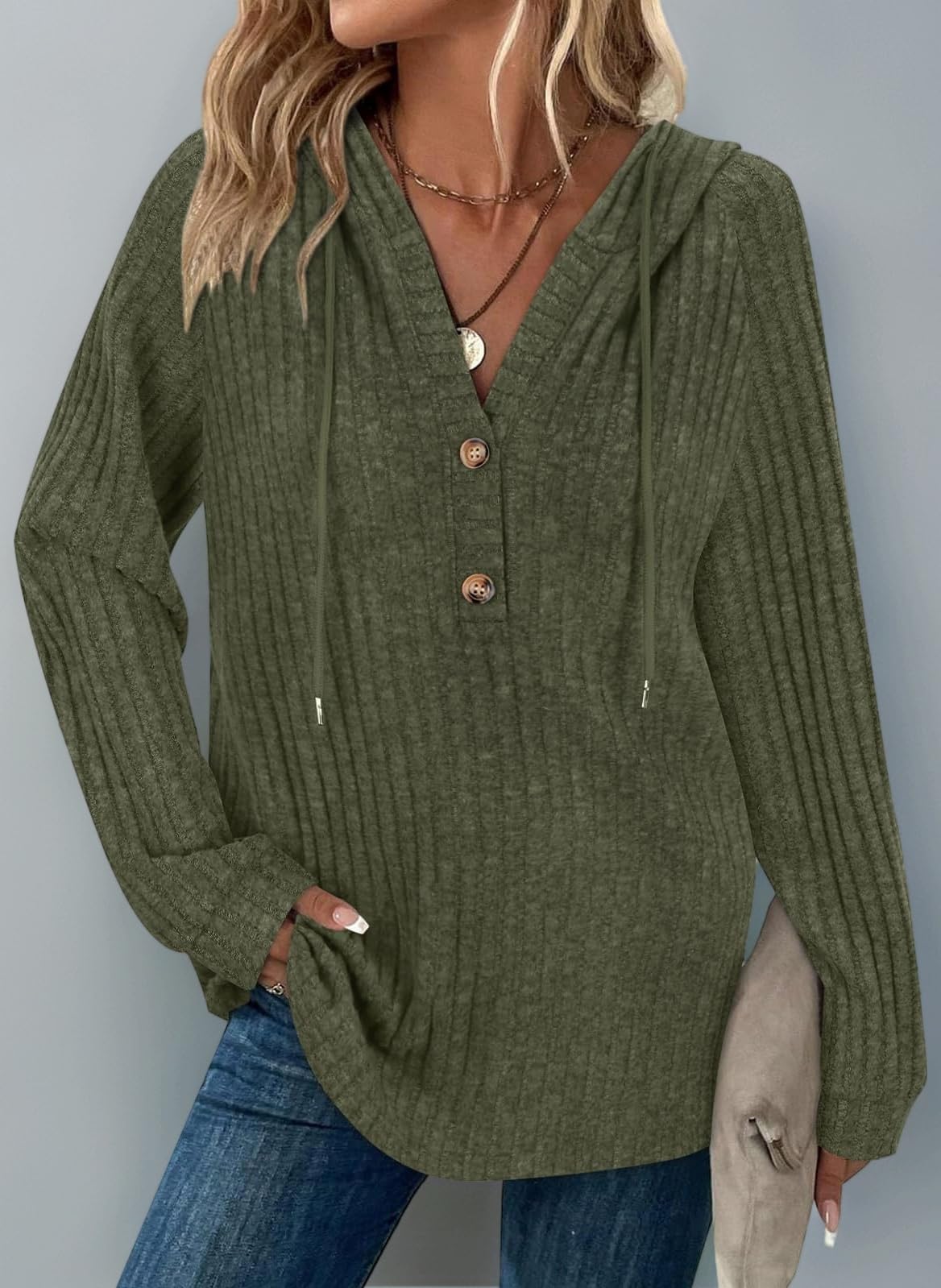 Hoodies for Women Ladies Jumpers Long Sleeve Tops Drawstring Button V Neck Casual Pullover Sweatshirt Spring Autumn Winter Tunic Clothes