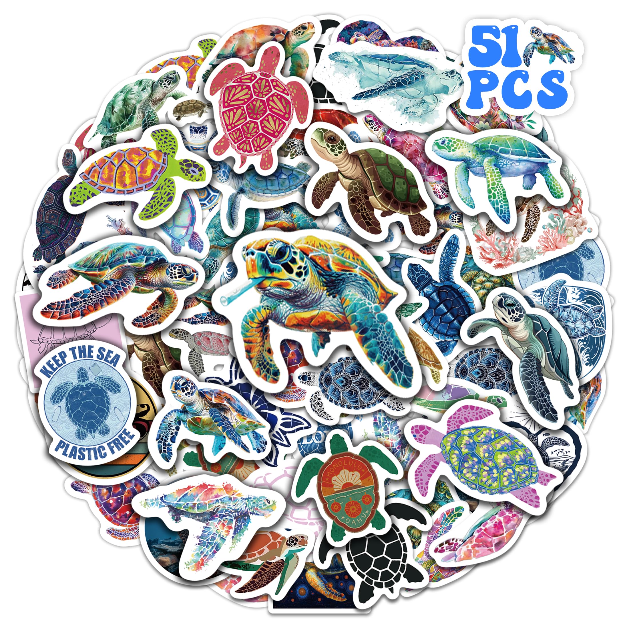 Sea Turtles Stickers for Kids, 50 Pcs Colorful Ocean Animals Aesthetic Water Bottle Laptop Decals for Adults, Waterproof Vinyl Party Skateboard Phone