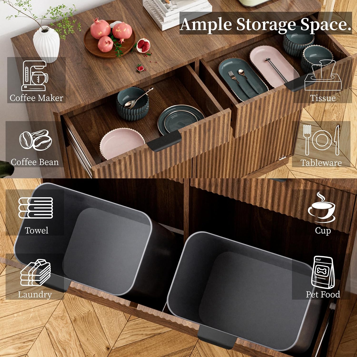 Double Tilt-Out Trash Cabinet, Laundry Hamper Cabinet with 2 Drawers, 39.4W x 34.3H x 13.8D inches, Walnut, Wave-Textured Front.