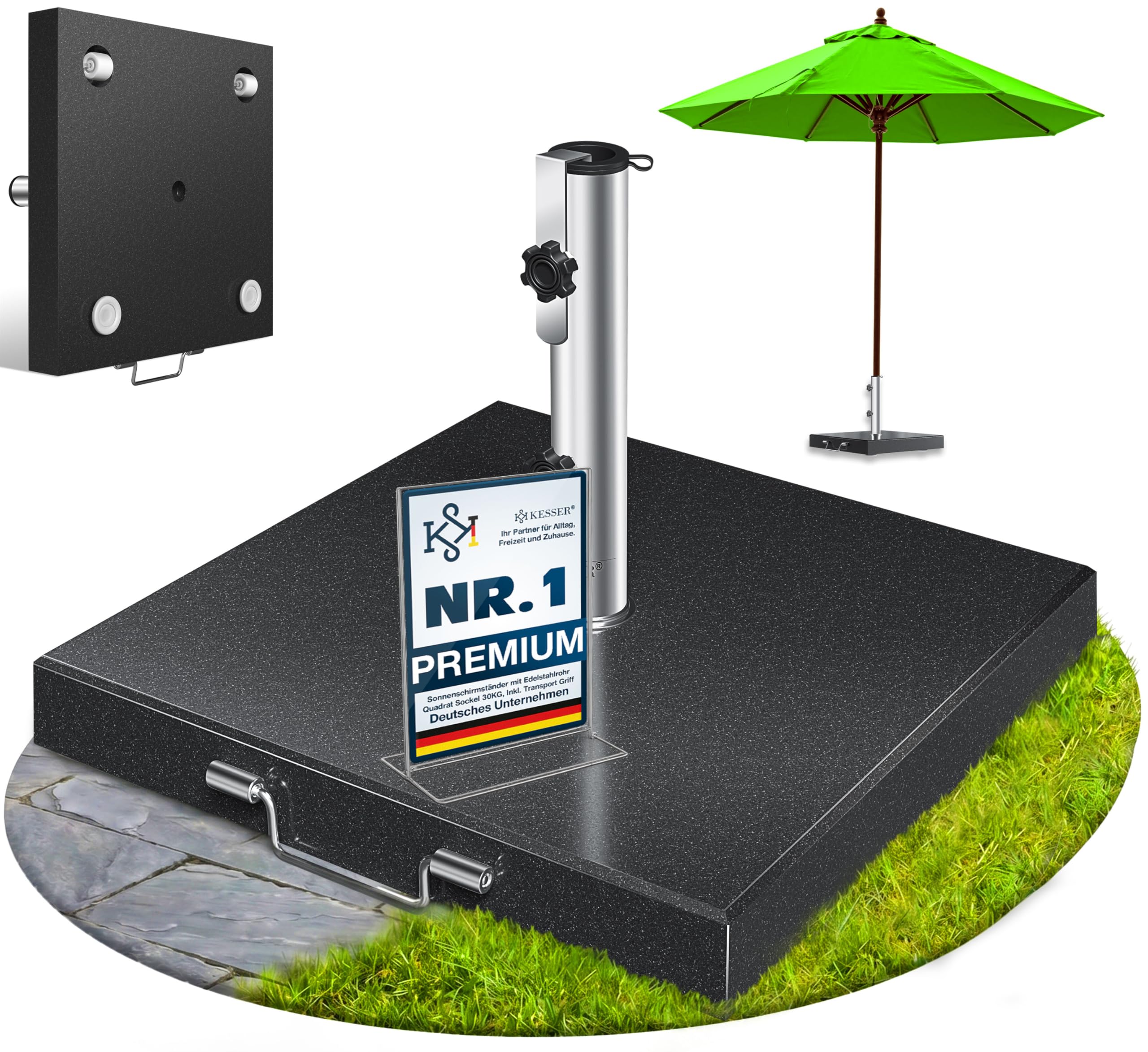 KESSER® Granit Sonnenschirmständer mit Edelstahlrohr, Hochwertiger Schirmständer Quadrat Sockel 30KG - für Schirmstöcke bis 16-48 mm, Inkl. Transport Griff Garten Balkonschirmständer, Anthrazit