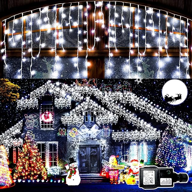 400 LED Icicle Lights, 10m/32ft, 8 Modes, Christmas Icicle Fairy Lights Plug in with 75 Drops, Waterproof Christmas Lights Decorations for Xmas/Thanksgiving/Holiday/Roof/Window/Wedding (Cool White)