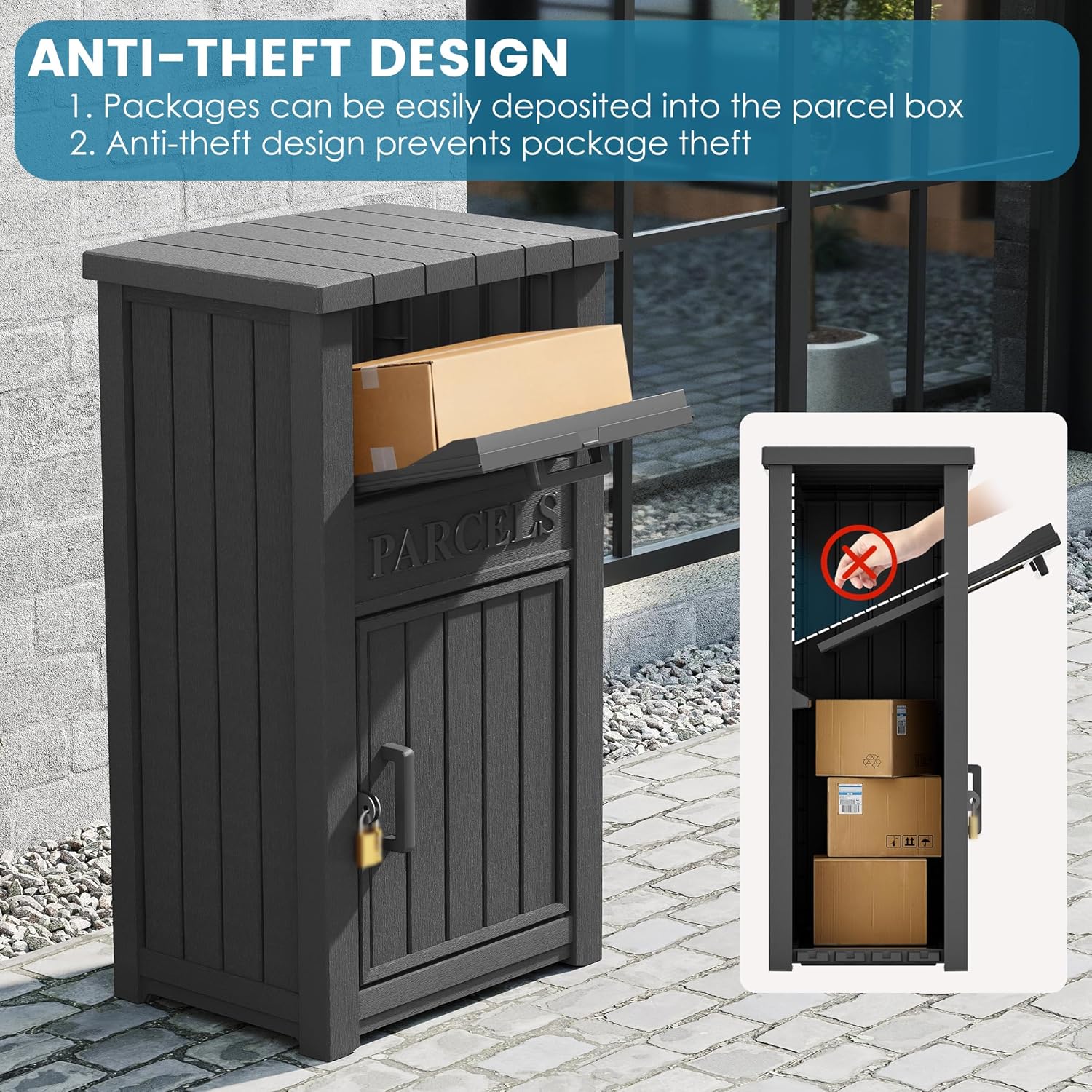 Package Delivery Box for Outside, Large Lockable & Weatherproof Anti-Theft Large Parcel Drop Box for Porch, Curbside, House, Black(60 Gallon)