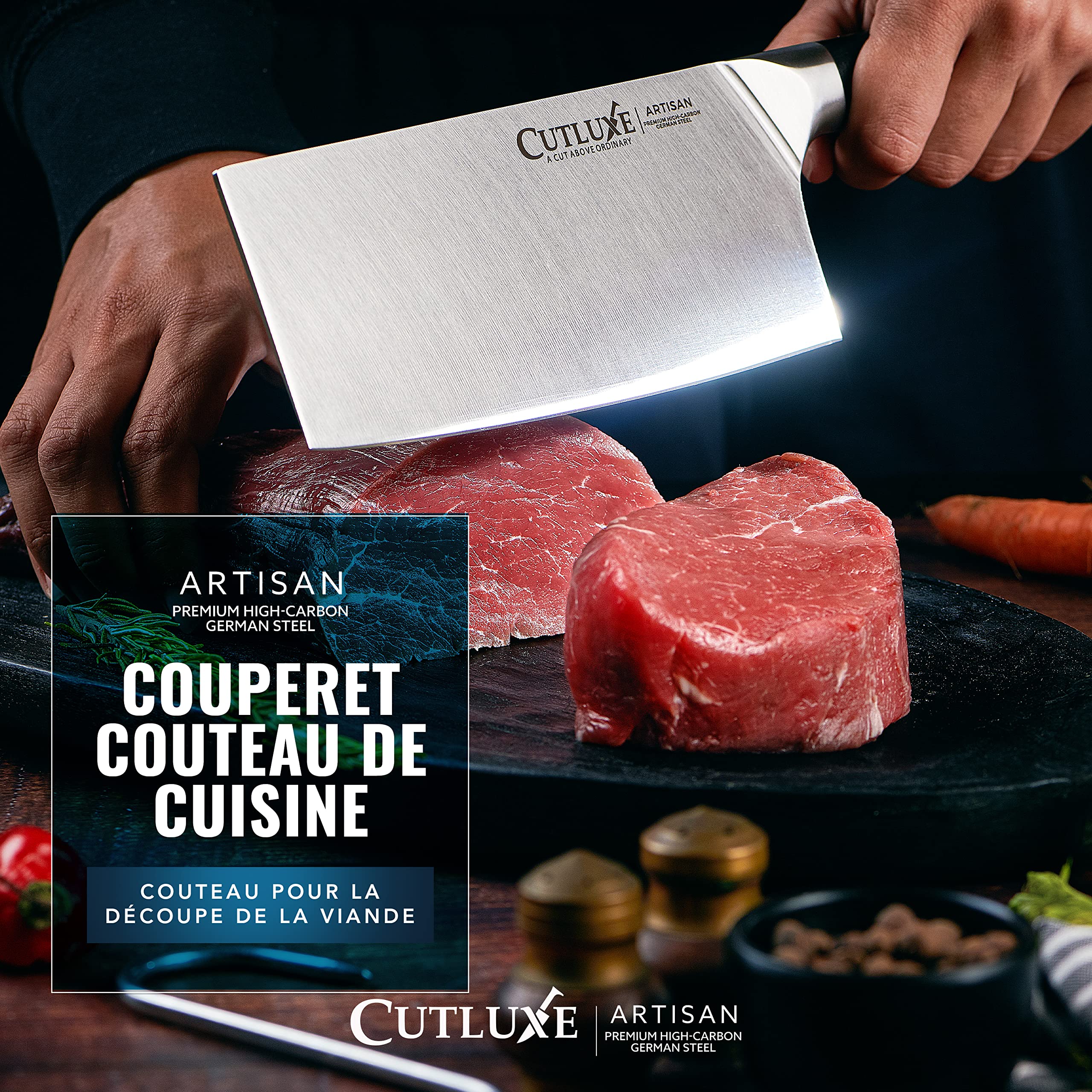 Cutluxe Couteau de Boucher 17.7 cm Acier Allemand Carbone Tang Complet Série Artisan
