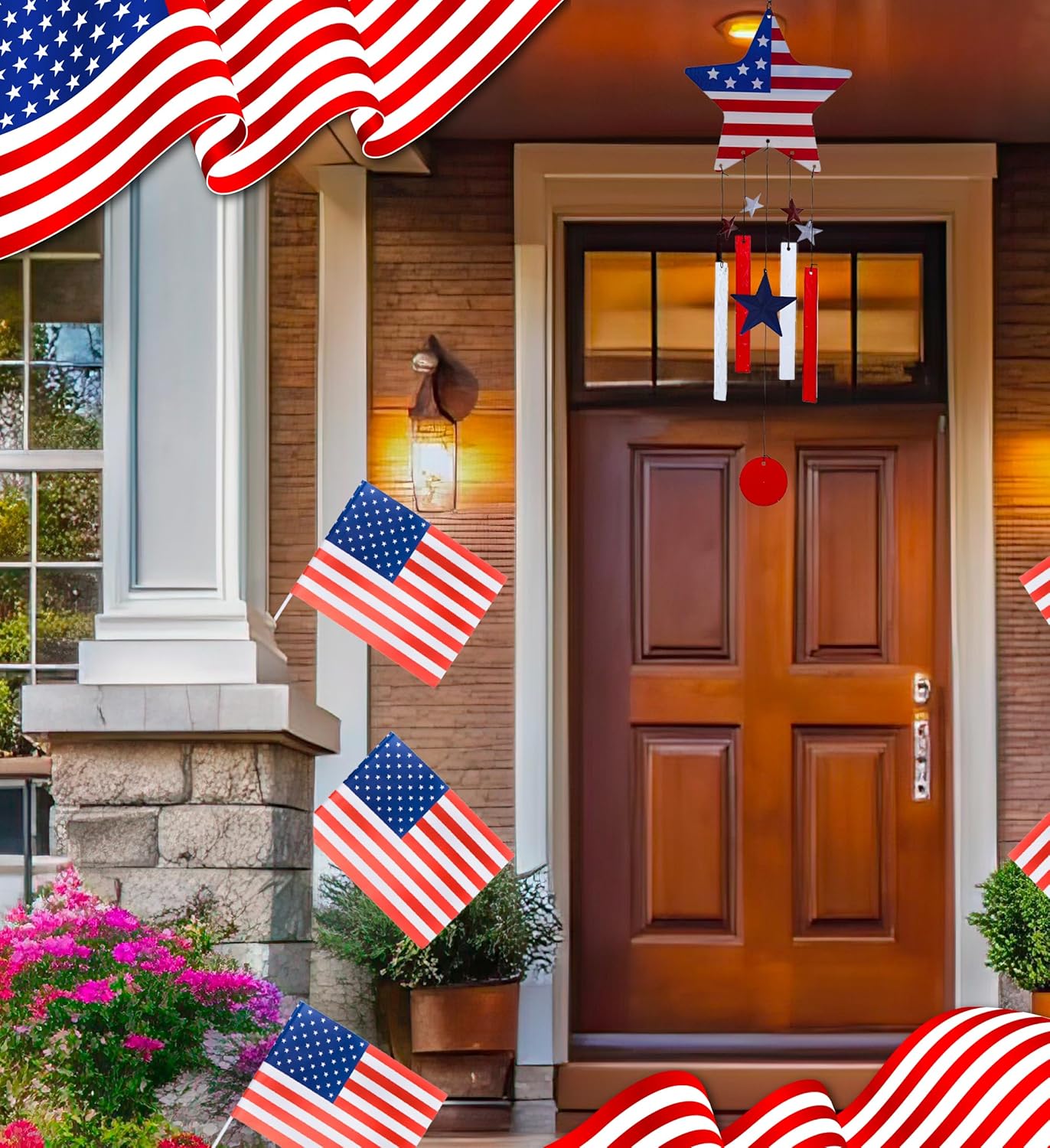 CoTa Global USA Flag Star Wind Chime - American Flag Patriotic Indoor or Outdoor Windchime Home Decor with Hanging Bells, Handcrafted Glass and Metal Wind Chimes for Yard, Garden, Porch - 28.7 Inches