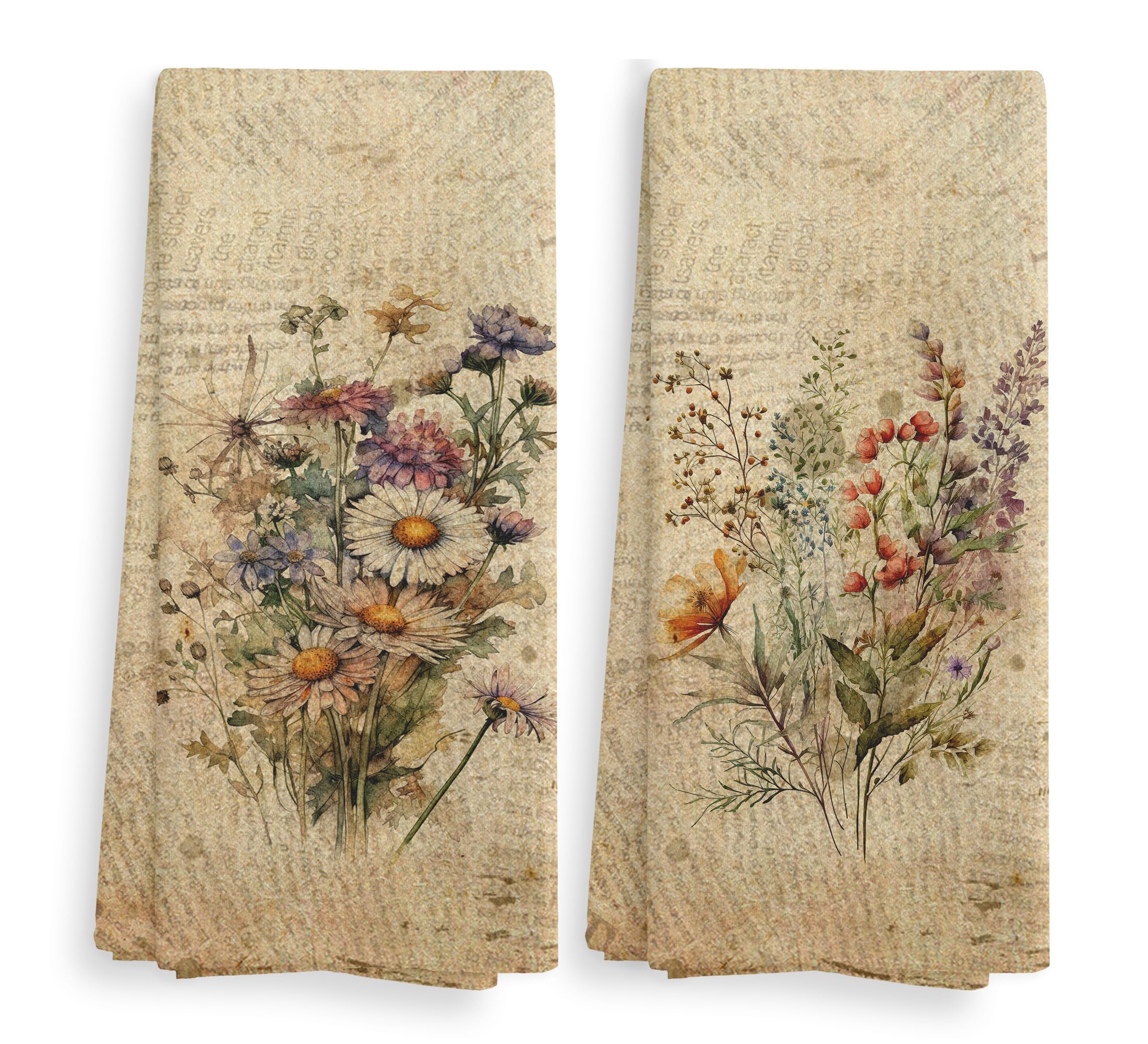 NOQL Vintage Floral Kitchen Towels and Dishcloths Set of 2, Vintage Decorative Kitchen Towels, Bouquet Decorative Towels, Retro Wildflower Drying