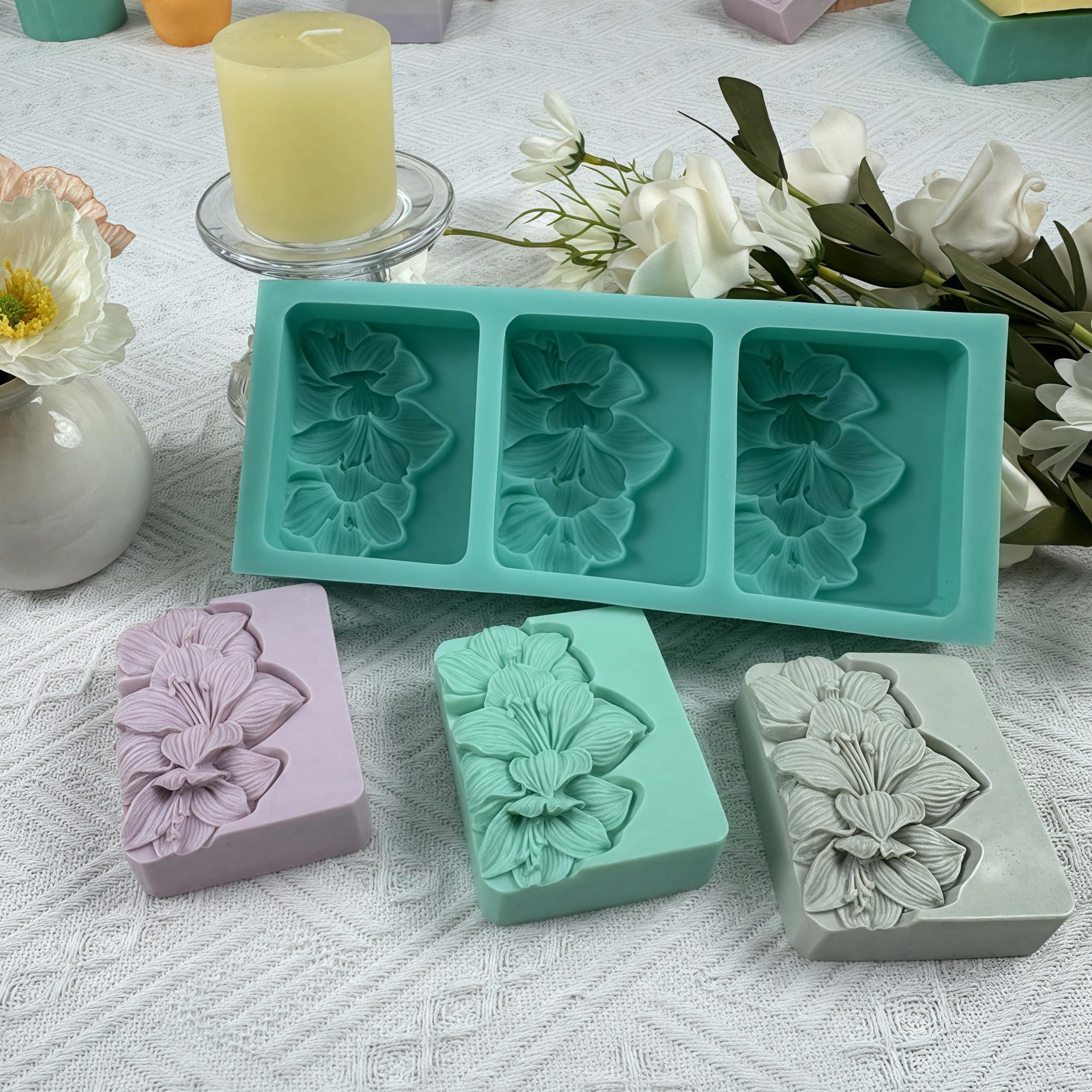 Molde de jabón natural de 3 agujeros, hecho a mano, de silicona, para hacer jabón, de flores, chocolate, pasteles, resina, yeso, para manualidades