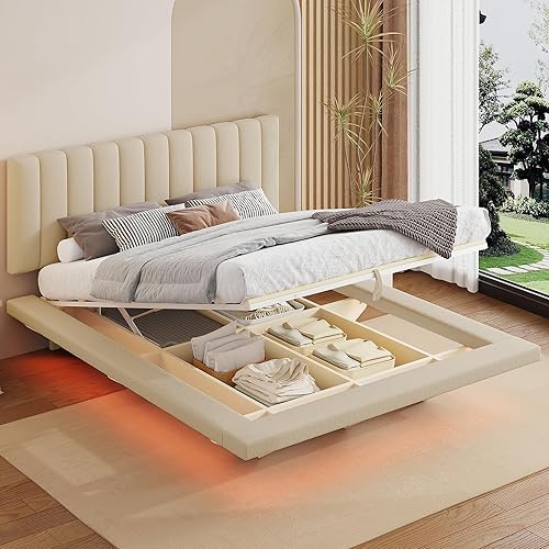 Miniatura 37 de Cama de plataforma flotante tamaño Queen con sensor de luz y cabecero, marco de cama moderno tapizado de terciopelo suave, no necesita somier