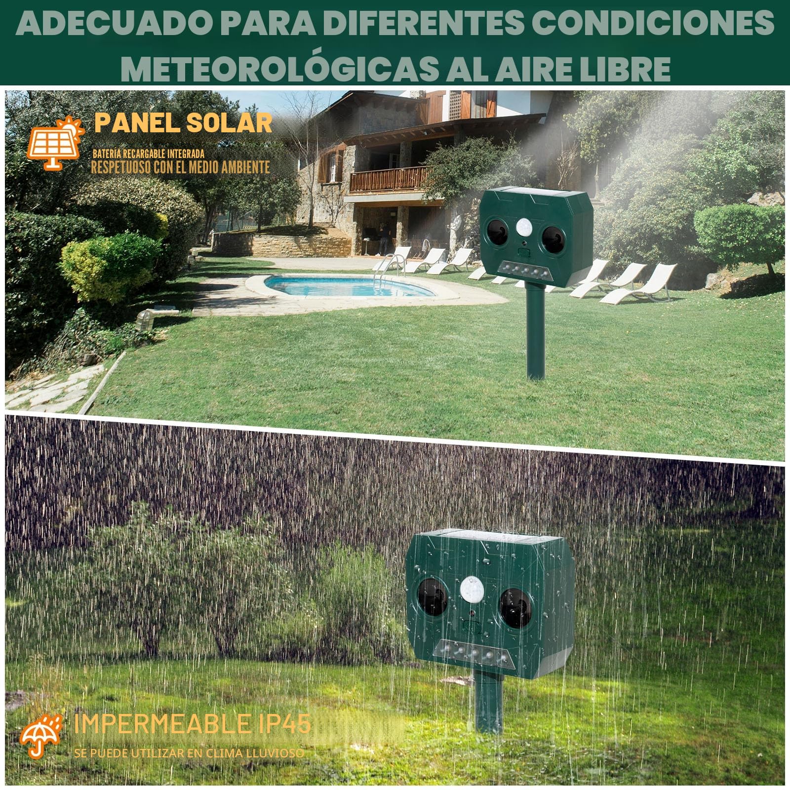 2 Piezas Ahuyentador de Gatos Exterior, Ultrasónico Repelente de Zorros Solar Potente con Luz LED, 12m 120° IP45 Impermeable Aullentador de Animales para Gatos Martas Mapaches Perros