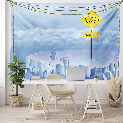 Miniatura 7 de Lunarable Tapiz de invierno tamaño King, letrero de peligro de oso polar en iceberg ártico norte nevado ilustración agrietada, colcha colgante de