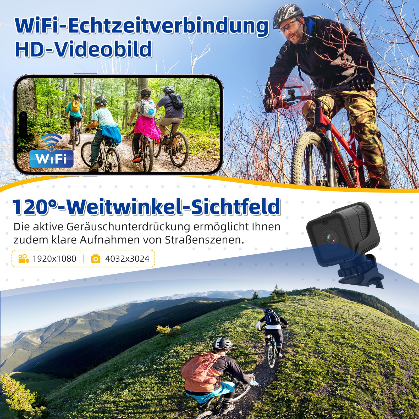 AIKER Mini Action Cam,Verbesserte Version Dashcam Fahrrad,Clever und einfach und Echtzeit-Pegelkorrekturfunktion helmkamera,WiFi 1080P HD&120°Weitwinkel Action Kamera,Mit 64GB Speicherkarte