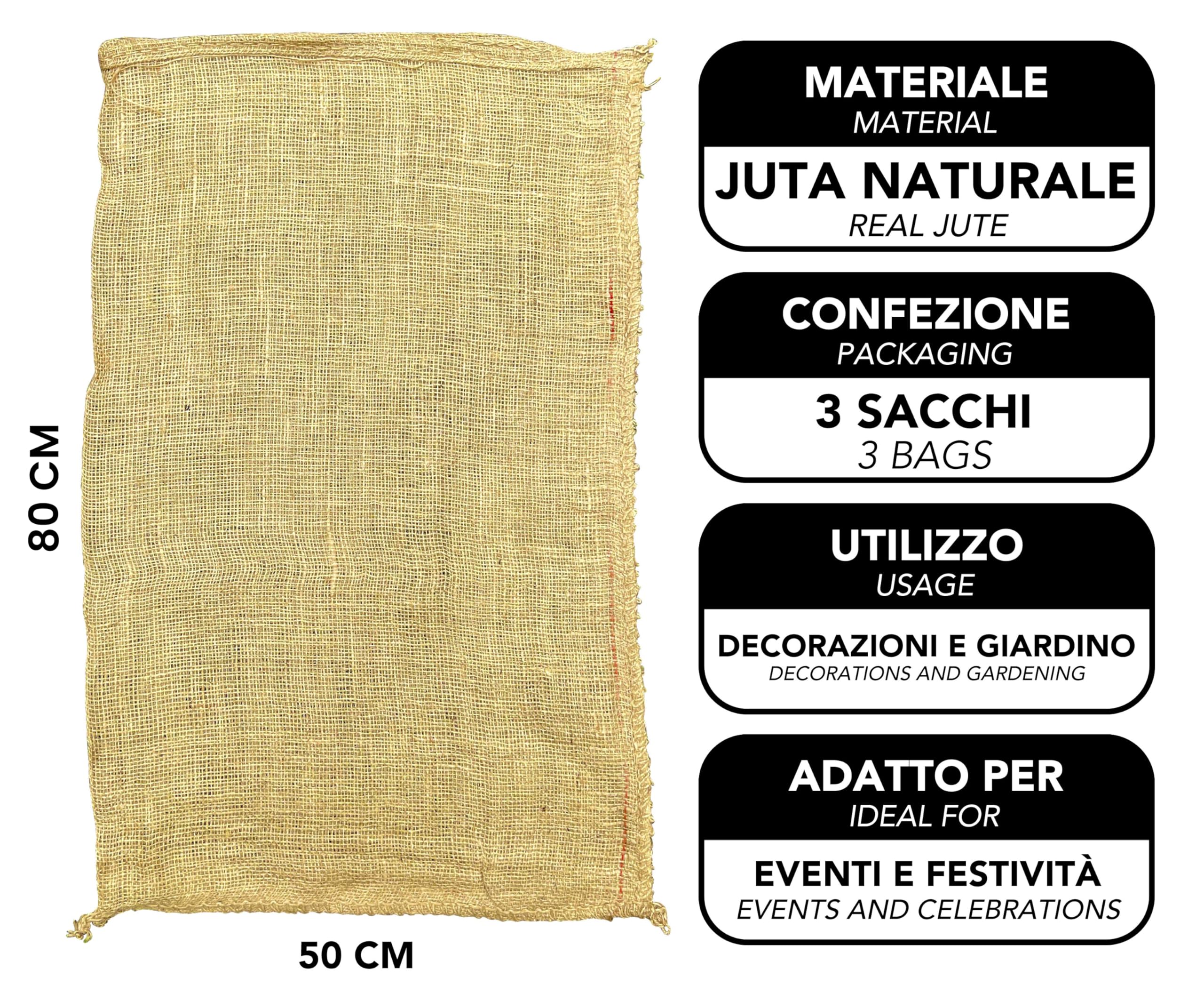 IPEA Sacchi in Juta di Grandi Dimensioni – 80 x 50 cm – Made in Italy – 3 unità – Sacco in Iuta Tessuto Naturale per Fai da Te, Arredamento, Giardinaggio, Contenitore di Oggetti