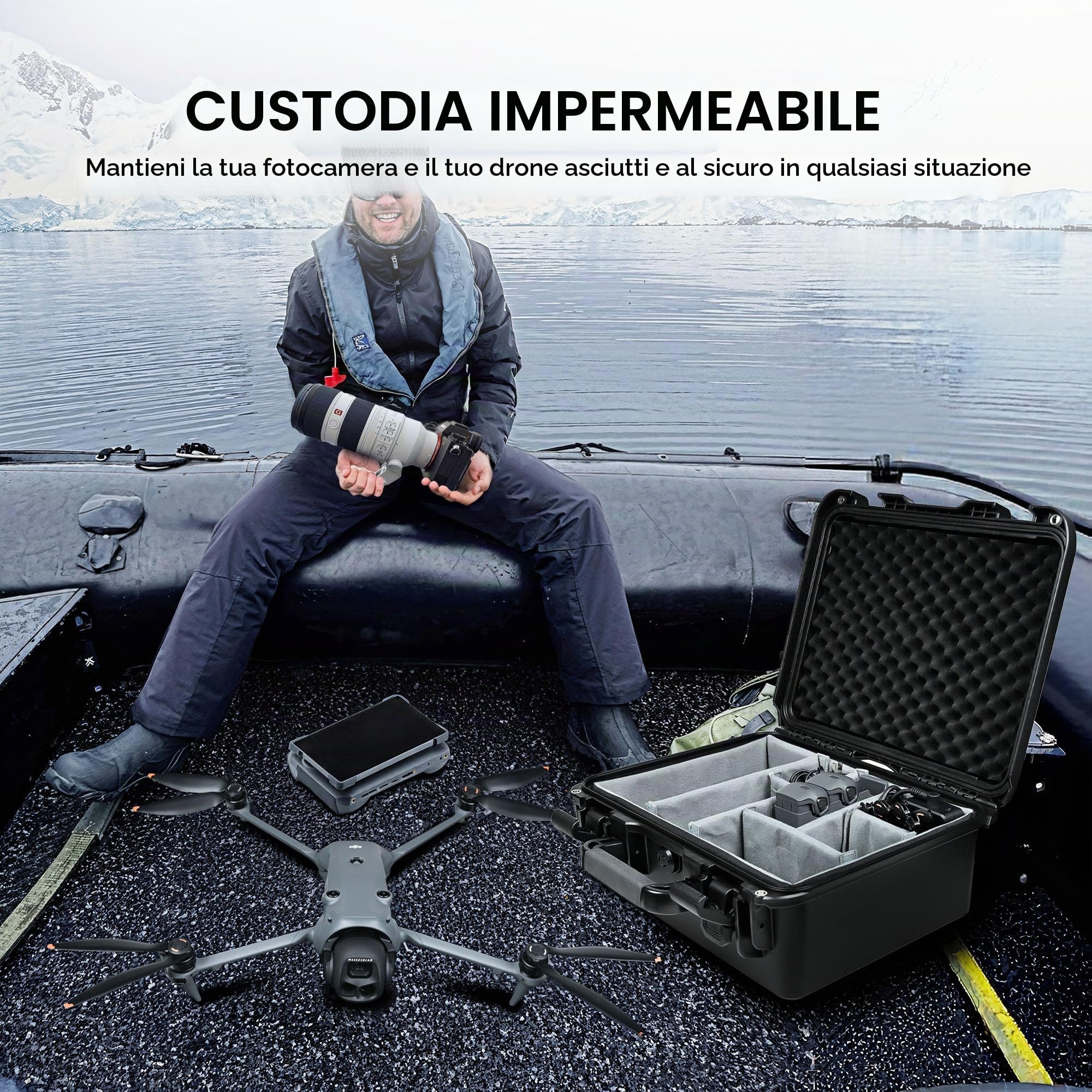 Lekufee Custodia rigida impermeabile con divisori imbottiti per DJI Mavic 4 Pro, Air 3S, Mini 5 Pro/4/3, fotocamera e obiettivi Sony / Canon/Nikon e accessori – nero