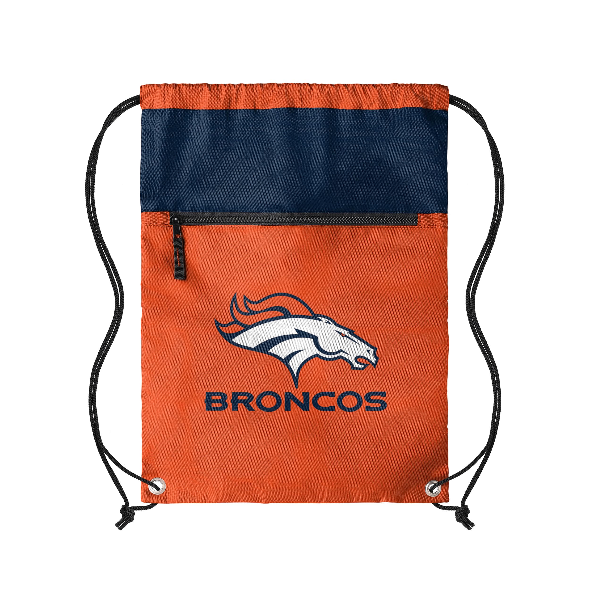FOCO NFL Officially Licensed Unisex Team Color Football Primary Logo Wordmark Drawstring Backpack With Zippered Pocket, Denver Broncos, One Size, Daypack Backpacks