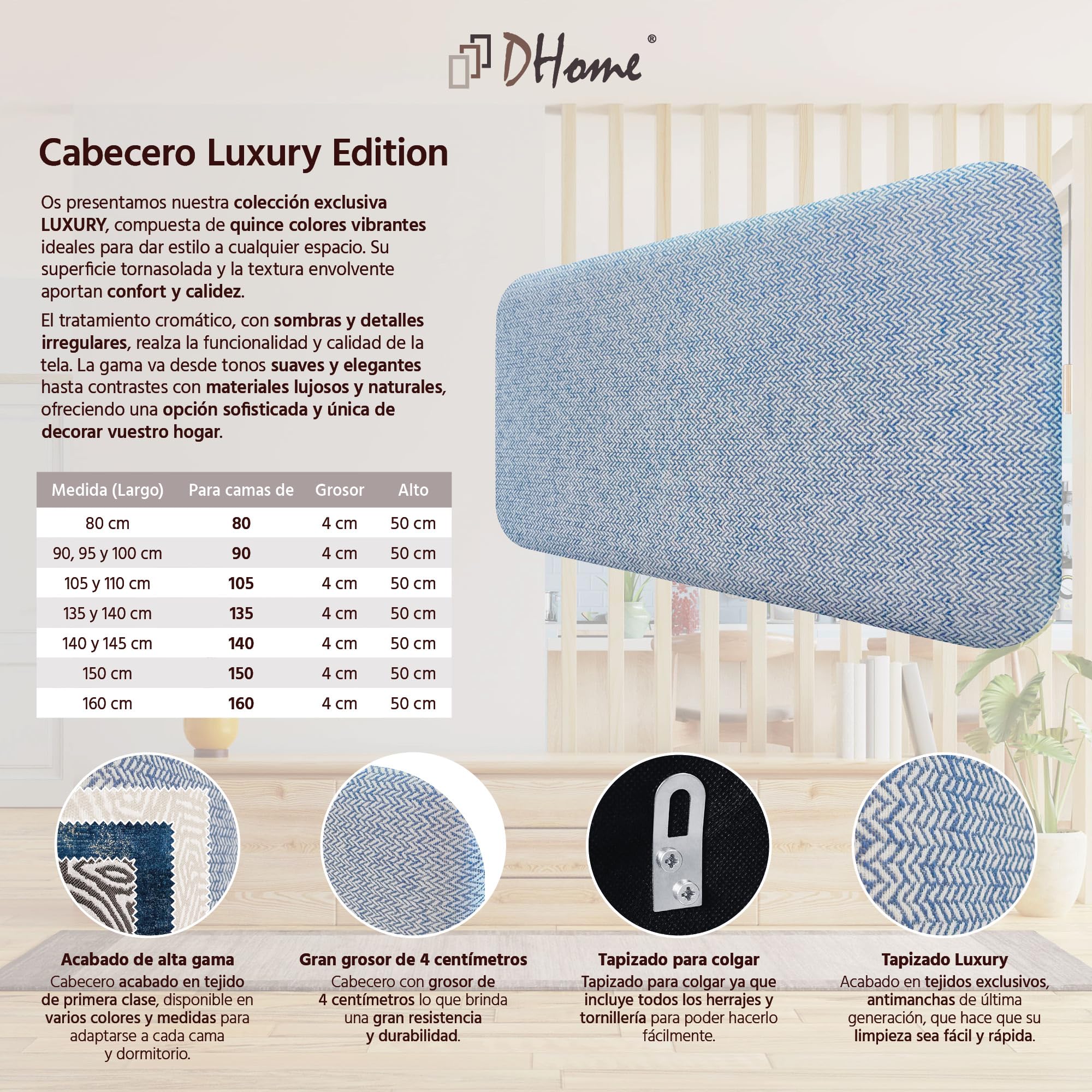 DHOME Testiera Imbottita Liscia Arrotondata Luxury Edition per Parete Acustica Testiere Fonoassorbenti Testata Letto Camera da Letto (Espigas Azul, 90cm)