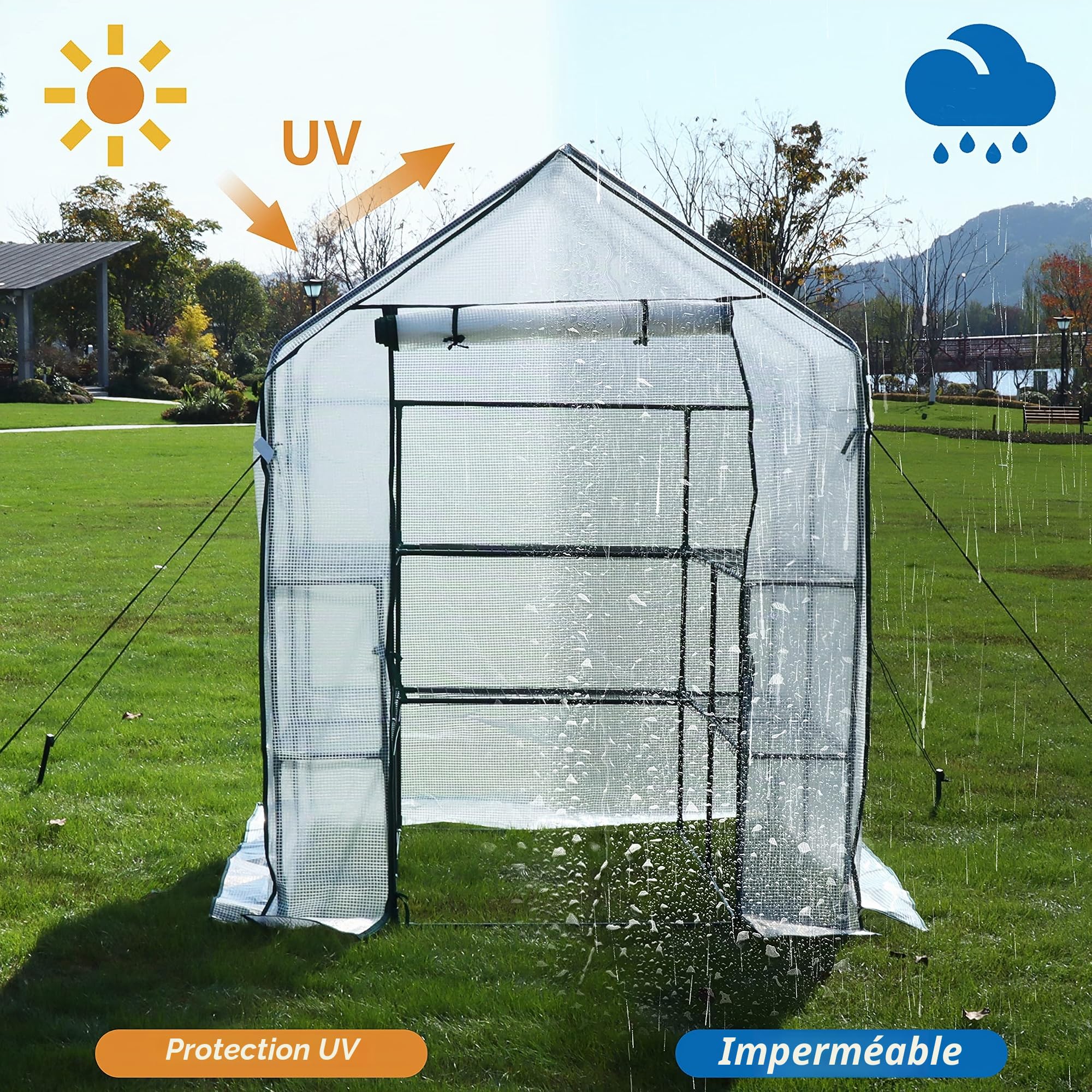 EPROSMIN Serre à l'italienne avec 10 étagères, housse en plastique PE renforcé avec cadre en acier robuste, serre/pépinière pour jardin, terrasse ou espace, facile à assembler, 143 x 143 x 195 cm