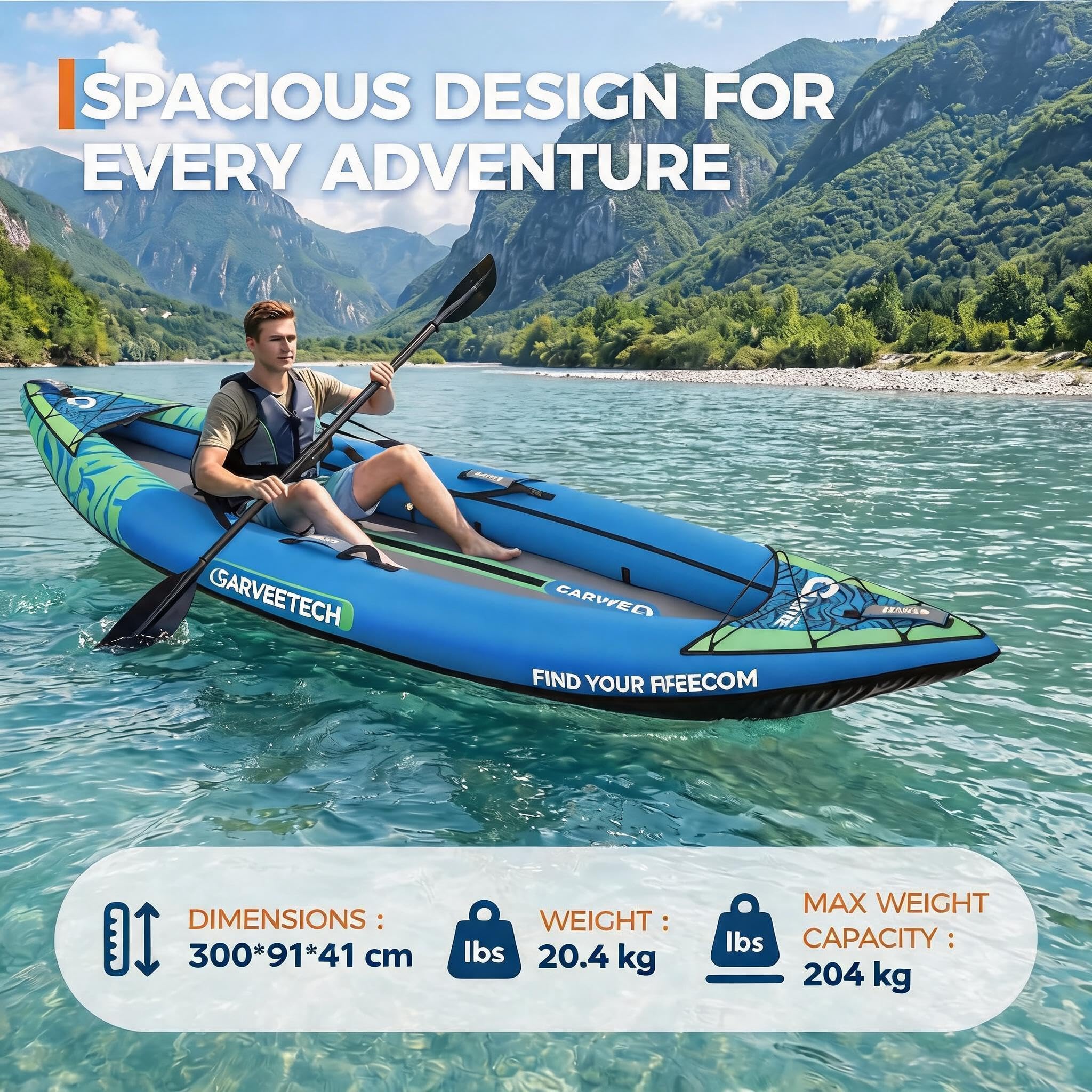 GarveeTech Kayak Inflable 1 Plaza, 900D Antipinchazos, 300x93x40 cm | Kayak inflable 1 plaza, 900D resistente a pinchazos, para lago y río, 300 x 93 x 40 cm