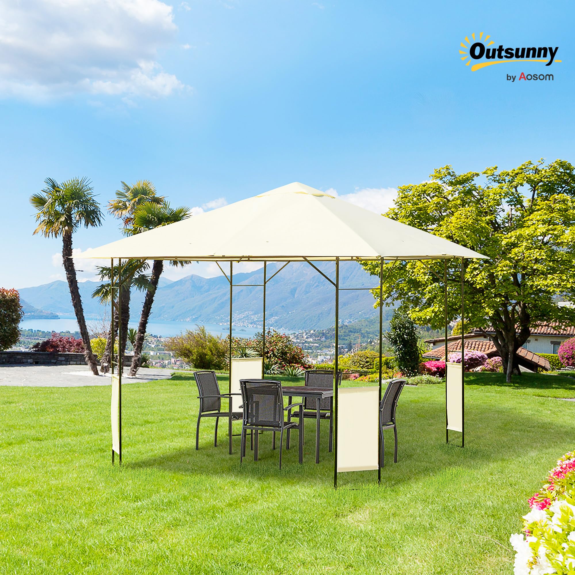 Outsunny Cenador de Jardín Gazebo 3x3x2,6 m con Marco de Acero Patio Crema | Pabellón de Exterior, 8 Orificios de Drenaje, Impermeable