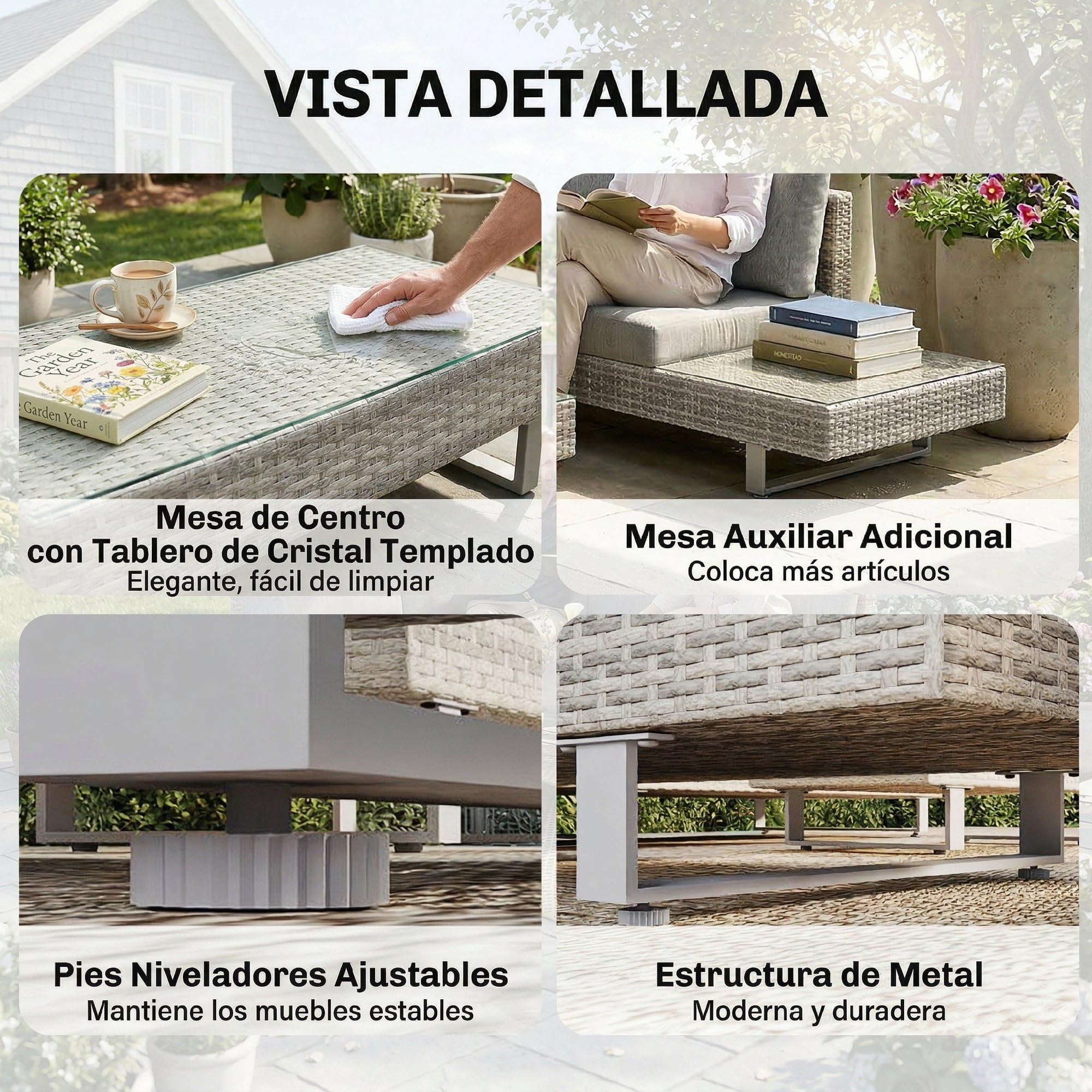 Outsunny Conjunto de Muebles Ratán de 3 Piezas Mesa de Centro Sofá Doble y Sofá de 3 Plazas con Cojines Extraíbles para Exterior Jardín Terraza Patio Acero Gris